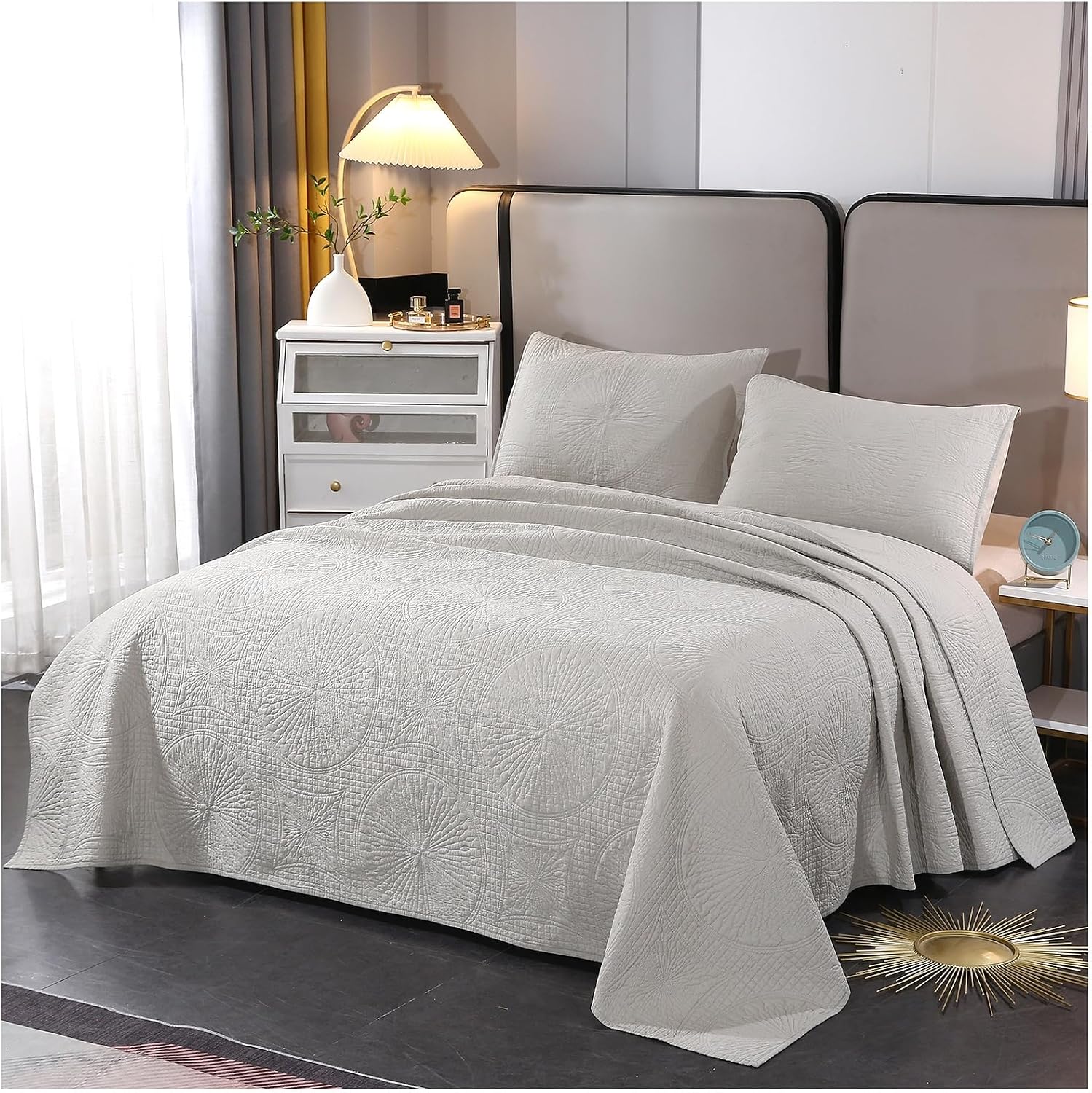 ZTGL Luxury Embroidery Cotton Quilted Bedspread Quilt Set 3 Pieces Queen Size Soft Lightweight Summer Quilt Solid Bed Cover Coverlet with 2 Pillow Shams,Gray,270x234cm