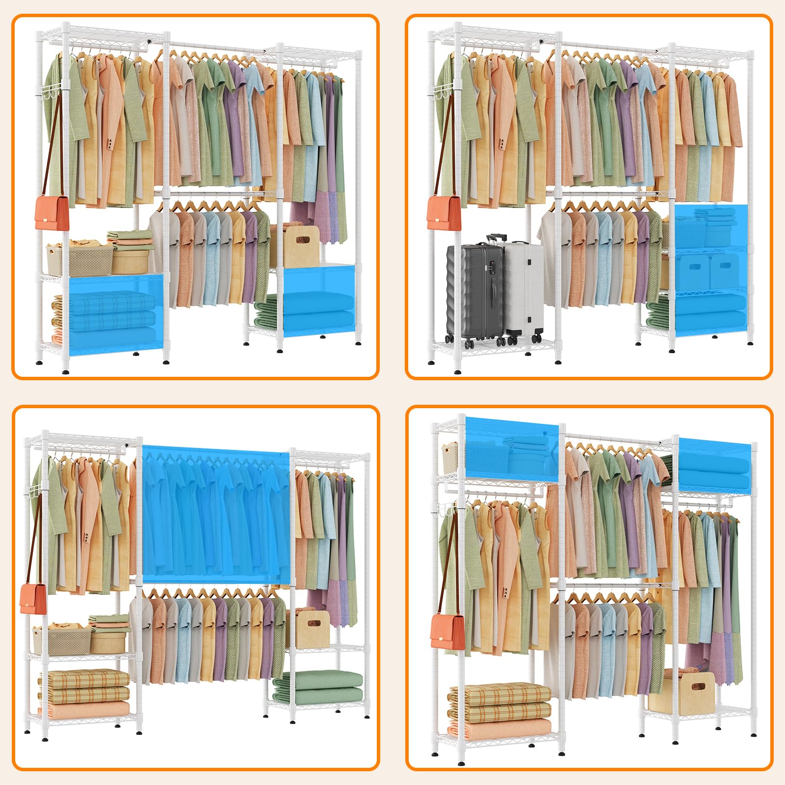 Himimi Perchero Telescópico con 4 Barras para Ropa, Armario Estable de Alta Capacidad con 6 Estantes Metálicos y 1 Gancho, Altura Ajustable, Sistema de Armario Abierto, A(182-240) x H180 cm Blanco