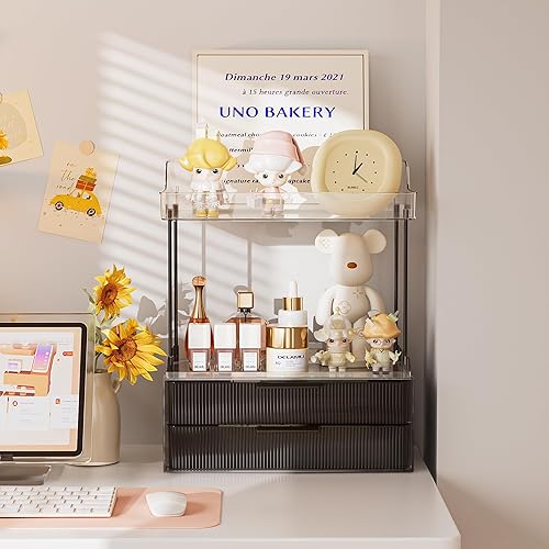 Vista 49 de Delamu Organizador y almacenamiento de baño, 2 niveles y 2 cajones, organizador de maquillaje, fácil de instalar, ideal para encimera de baño