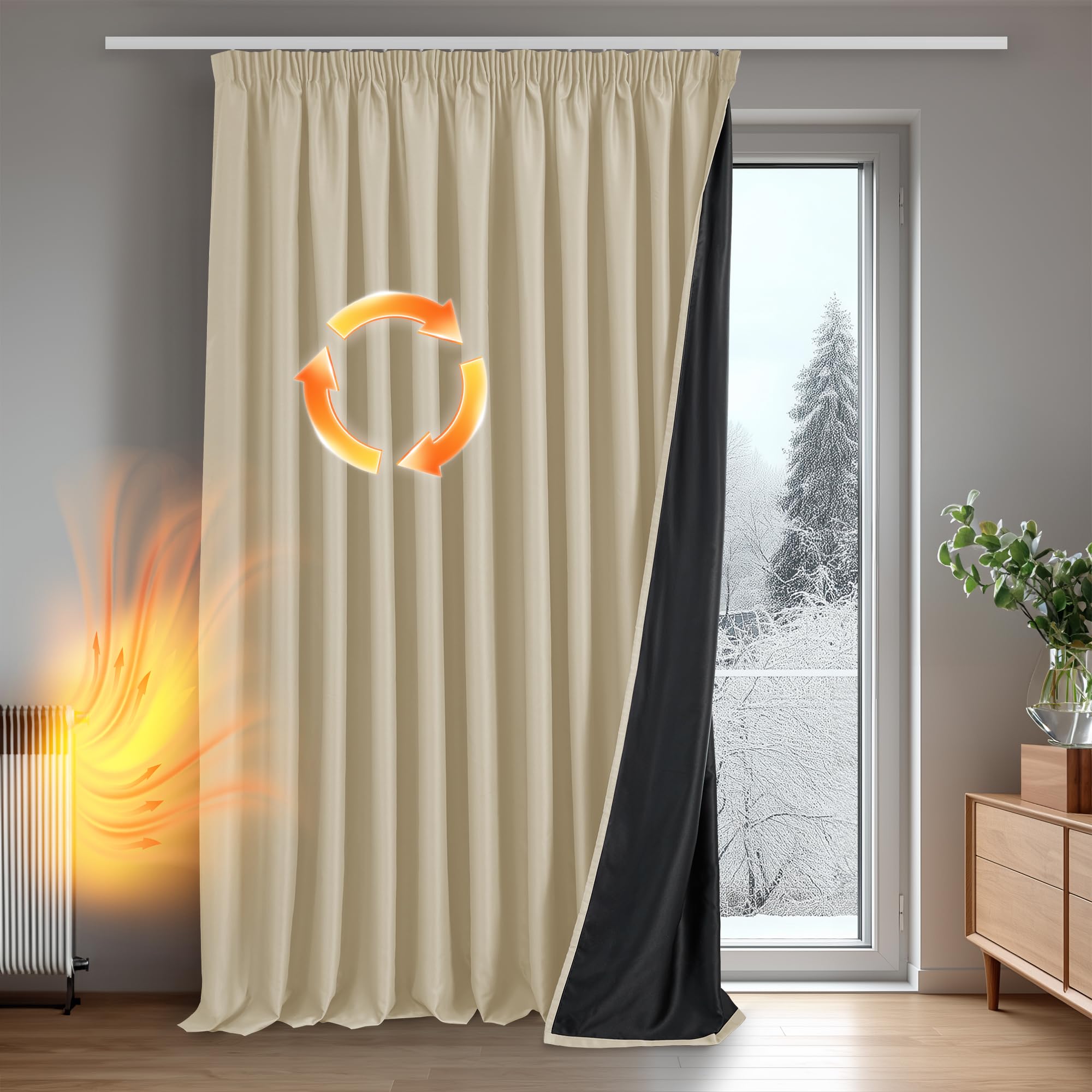 Deconovo Tende per Interni Oscuranti 100% con Retro Nero Completo, Tende Termiche Isolanti con Fettuccia per Camera da Letto e Soggiorno Moderne, 1 Pannelli, 300x220 cm, Beige Chiaro