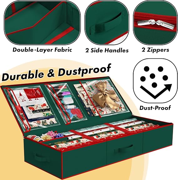 Simple Houseware 41.5 Wrapping Paper Storage Organizer - Fits 40 Rolls with Adjustable Straps, Interior Divider for Ribbons & Bows, 3 Clear Pockets for Gift Bags & Tools, 41.5''L x 16''W, Green