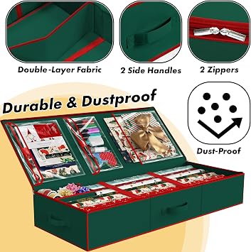 Simple Houseware 41.5 Wrapping Paper Storage Organizer - Fits 40 Rolls with Adjustable Straps, Interior Divider for Ribbons & Bows, 3 Clear Pockets for Gift Bags & Tools, 41.5''L x 16''W, Green