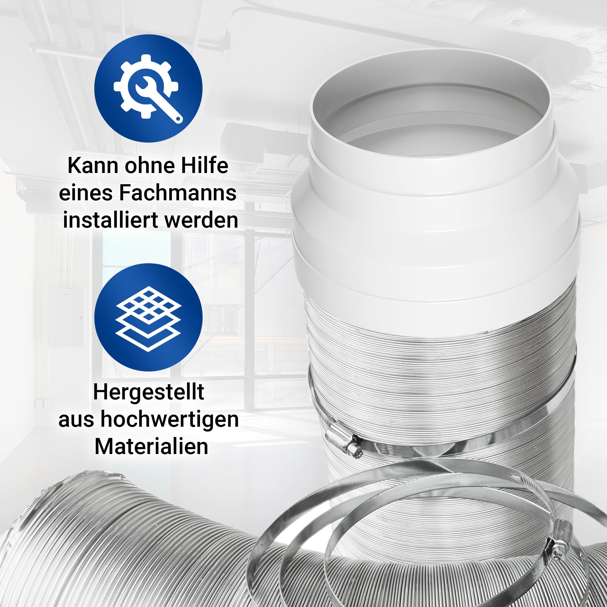 VIOKS Adapter węża wylotowego 150 do 125 mm + 1 obejma do węża 110-130 mm Ø + 1 obejma 140-160 mm Ø/ wąż wylotowy zestaw łączników do techniki wentylacji, okapu kuchennego, klimatyzacji