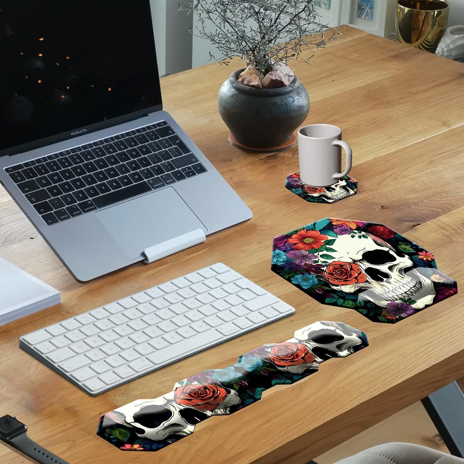Keyboard Wrist Rest & Mouse pad Wrist Support Set Ergonomic Gaming Mouse Pad Coaster Keyboard Wrist Support with Memory Foam for Easy Typing Pain Relief - Cute Skull Flowers