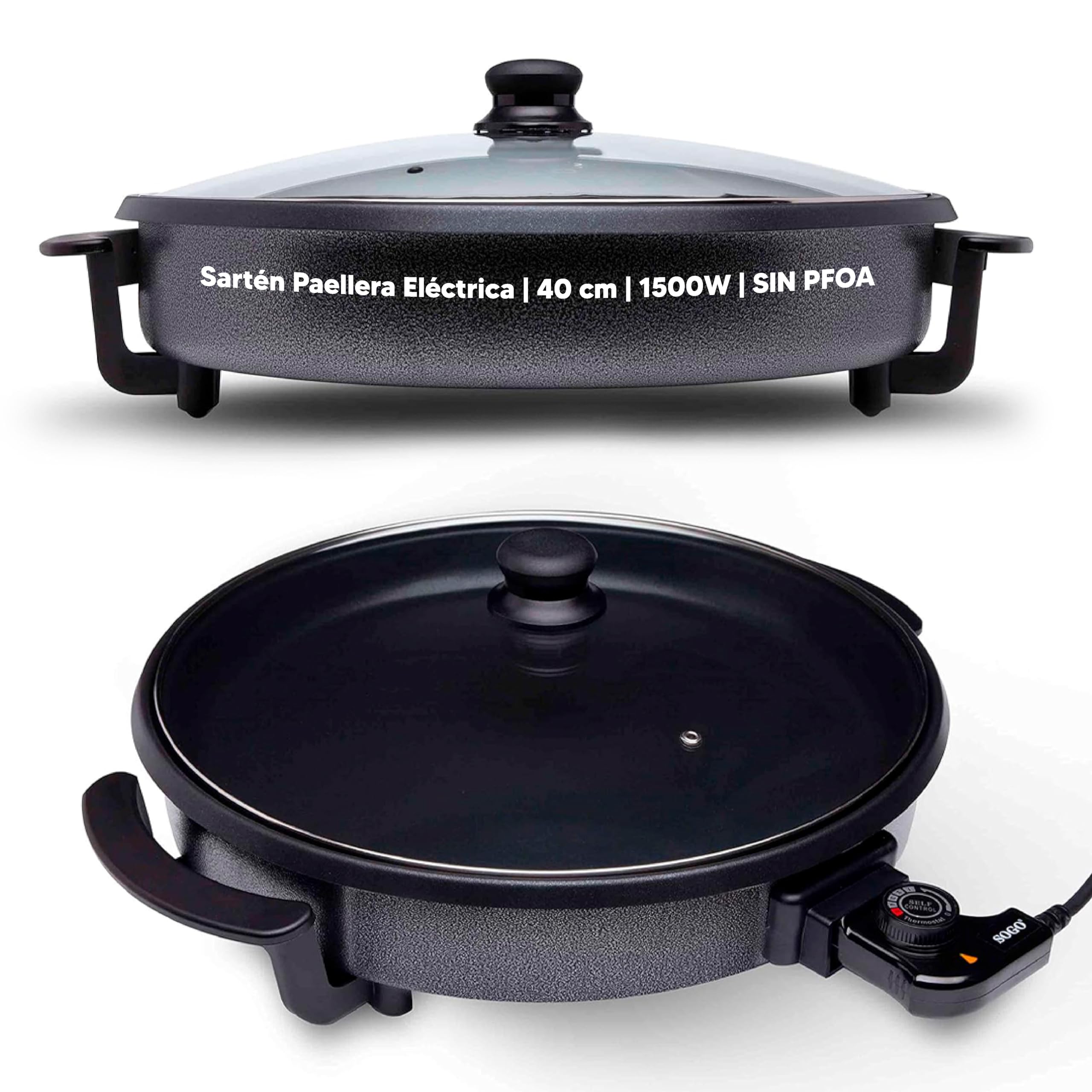 SOGO Padella per paellera elettrica con coperchio in vetro rinforzato e rivestimento antiaderente | Ø interno 42 cm | profondità 4,5 cm | termostato regolabile fino a 240 °C | 1500 W | SENZA PFOA