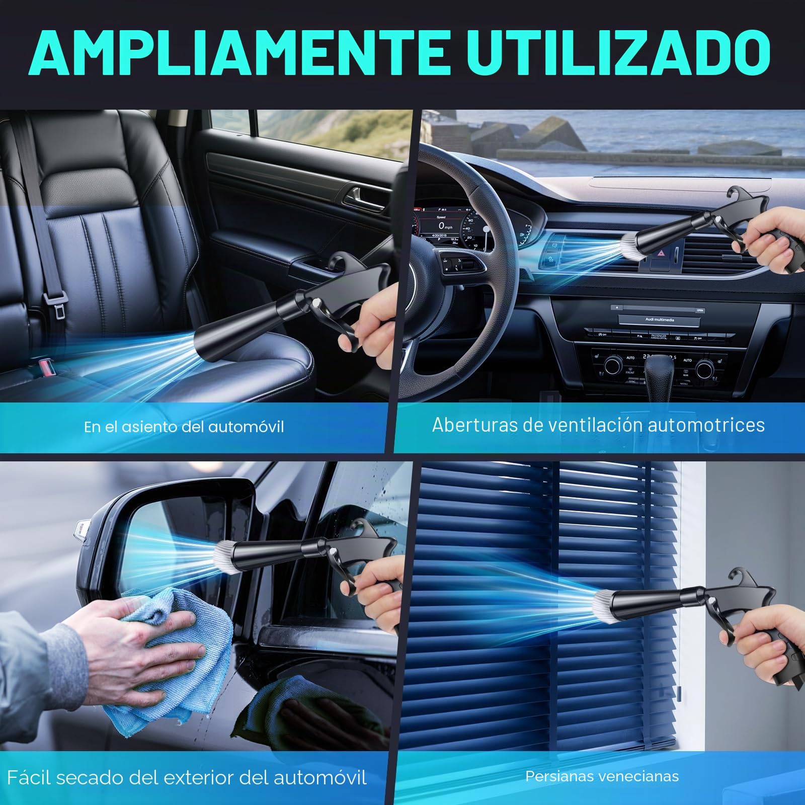 Pistola de limpieza en seco, pistola de limpieza interior de coche de alta presión, herramienta de limpieza de coche con 2 boquillas para soplar rápidamente la suciedad y el polvo