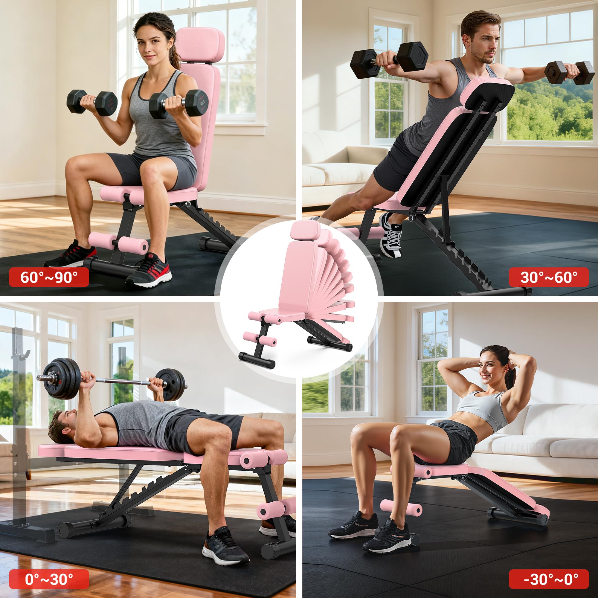 Workout Bench, 10 Backrests Adjustable Weight Bench with Extended Headrest, 800LBS Foldable Weight Bench for Home Gym, Incline Decline Flat Bench Compact for Small Space Training