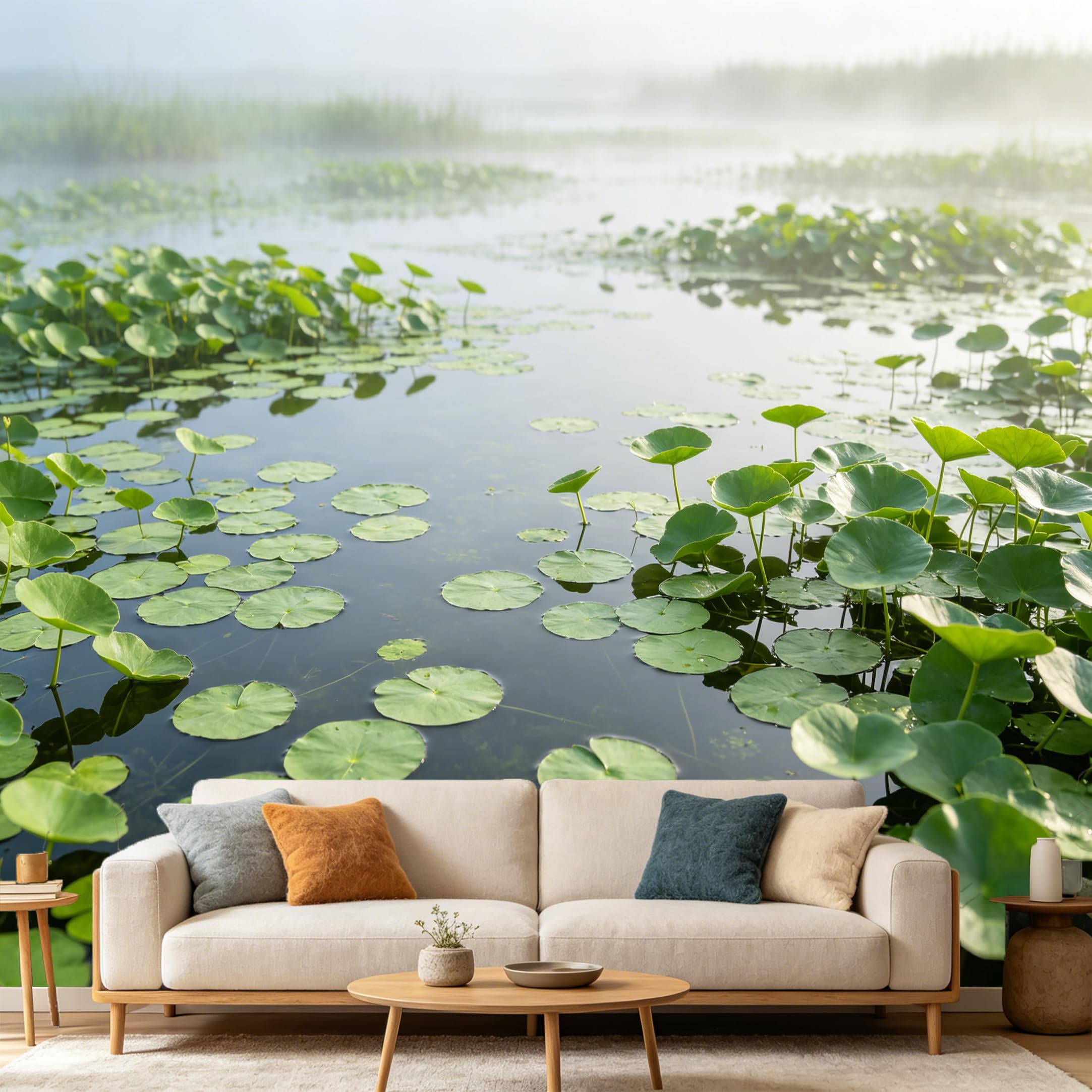 Custom Size Wall Mural Misty Pond Water Lily Botanical Landscape SelfAdhesive Art Prints wall Fabric（No PVC） Removable Wallpaper Home Bedroom Decor Large Wall Art