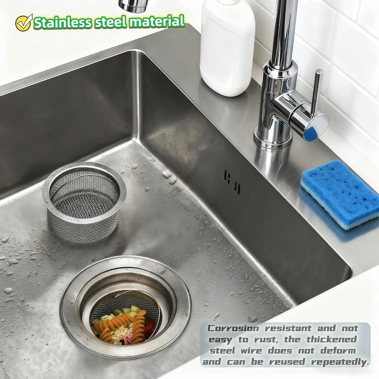 Stainless Steel Kitchen Sink Strainer - Deep Cup Basket Design, 2-Pack, Upgraded Double-Layer Safety, Large Food Catcher, Fits Most Standard Drains (3.14"-3.34" Inner Dia), Rustproof, Easy to Clean