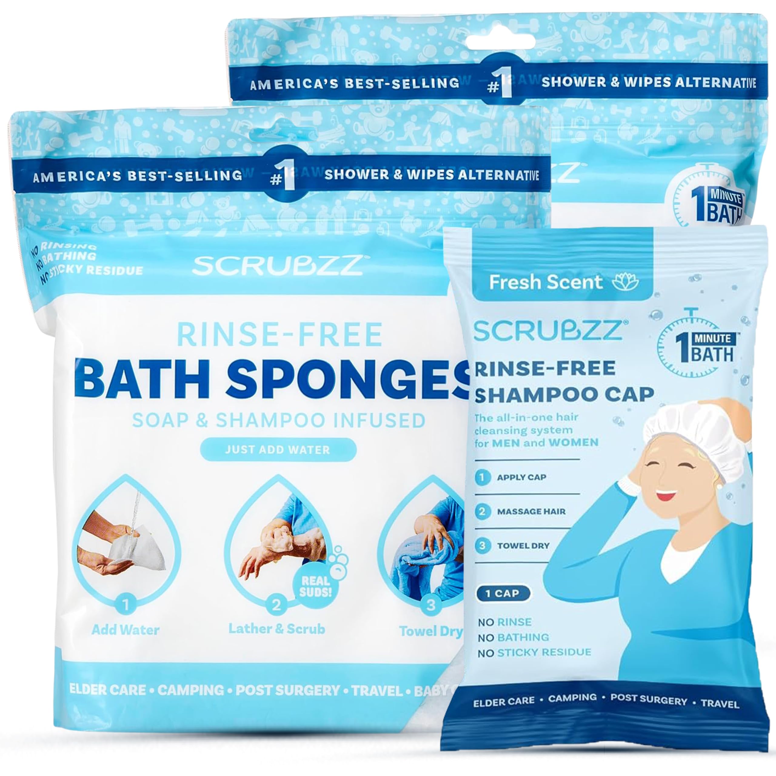 Scrubzz Rinse Free Bathing Sponges and Shampoo Caps Bundle for Eldery Bedridden and Post Surgery Patients