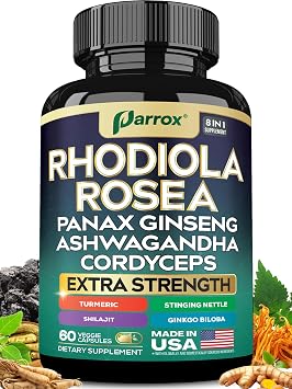 Rhodiola Rosea Adaptogen Supplement, Panax Ginseng, Cordyceps, 60 Caps