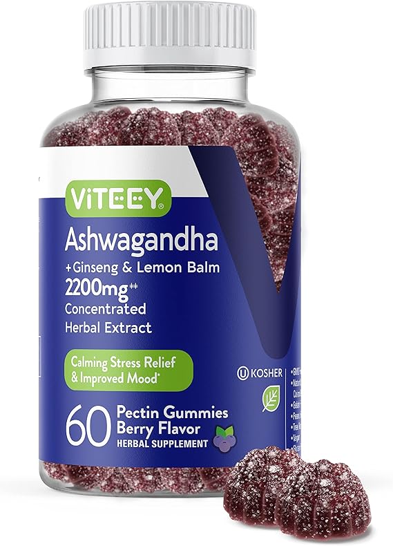 Ashwagandha Supplements Gummies + Ginseng & Lemon Balm Herbal Extract - Ashwagandha Gummies for Calm, Relax, Restore, Unwind - Vegan, Gelatin Free, Gluten Free, GMO Free, Tasty Chewable Berry Flavored