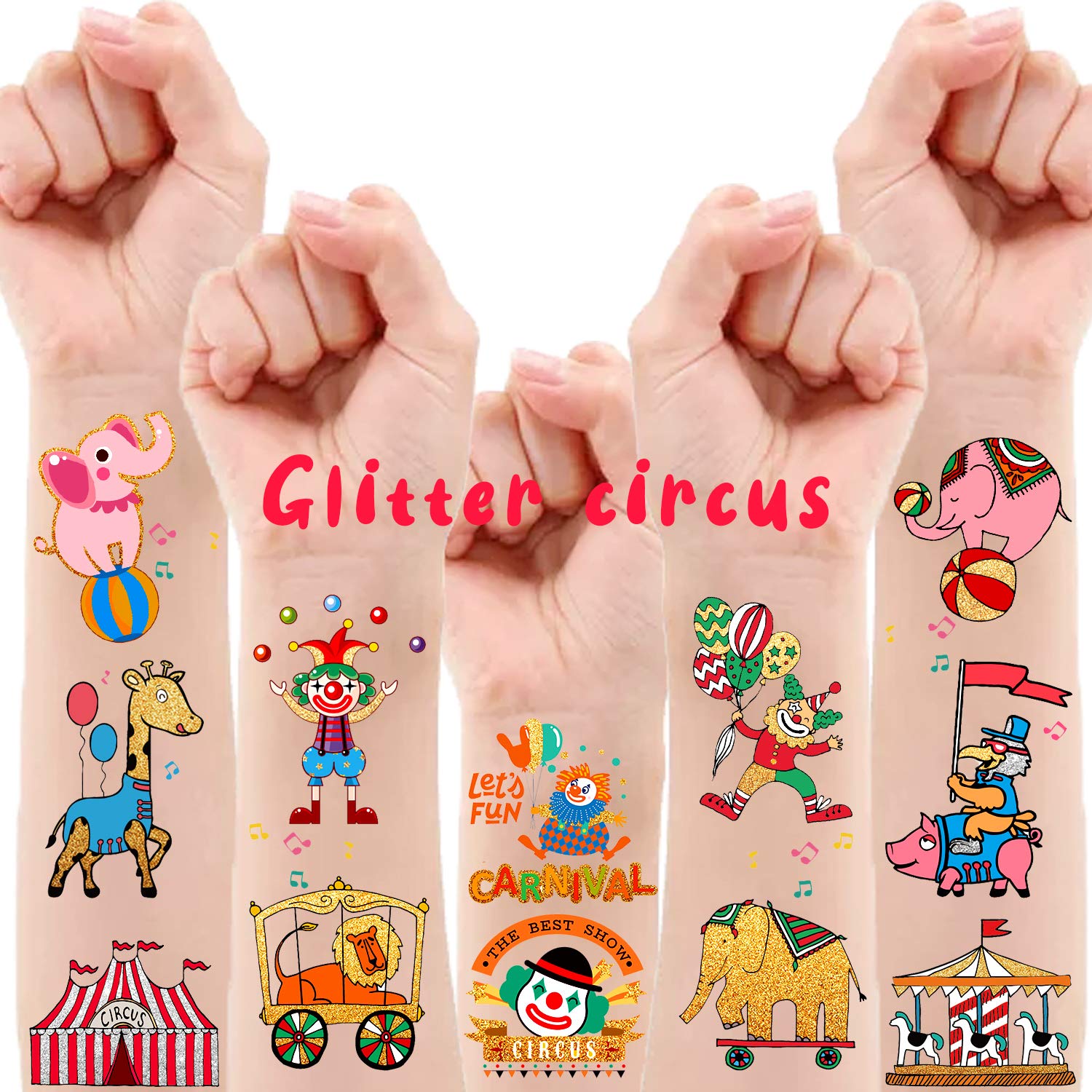 Partywind 32 Styles Circus Metallic Glitter Temporary Tattoos for Kids, Carnival Circus Theme Party Supplies Favors Decorations,Halloween Carnival Games Prize Goodie Bags (2 Sheets)