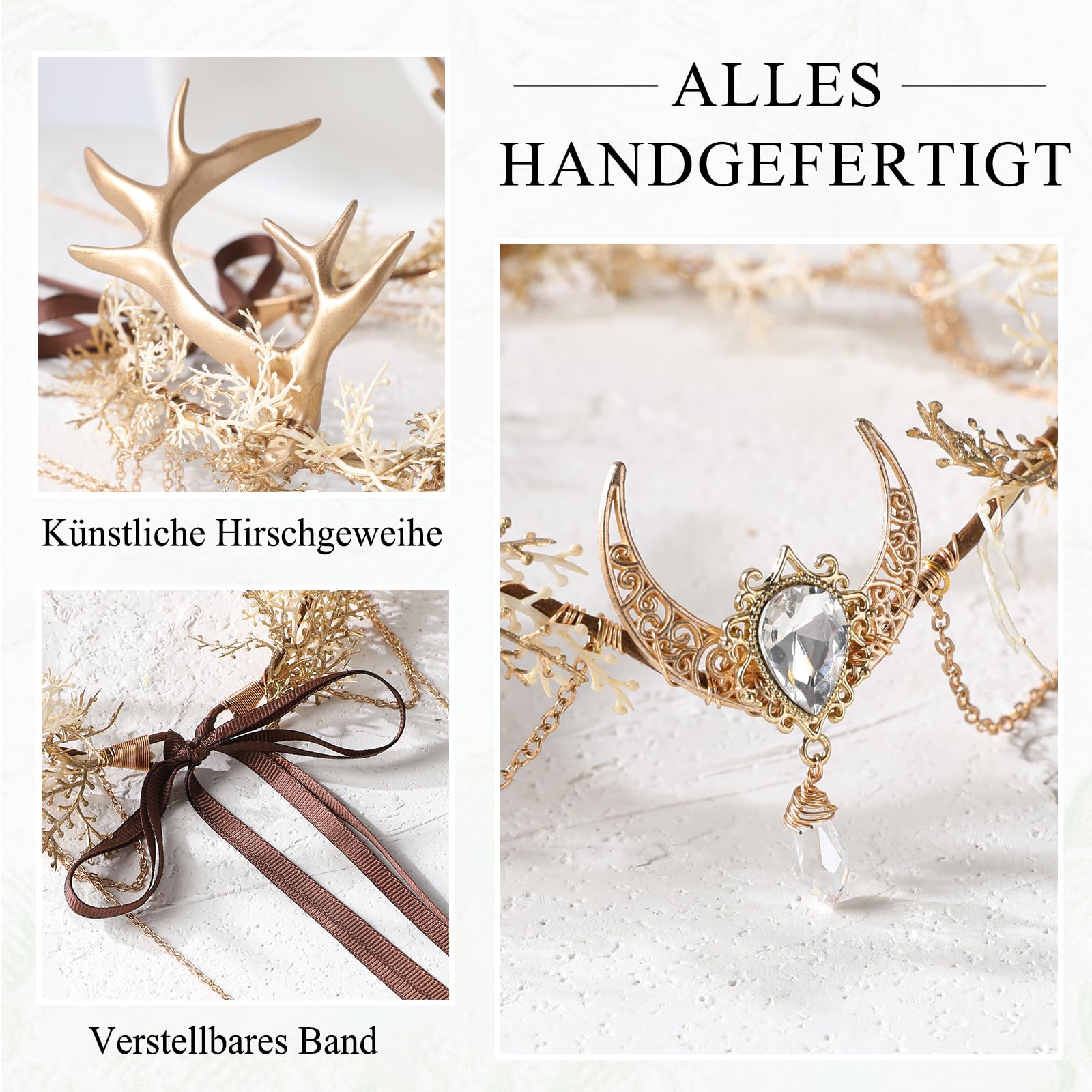 MOSTORY Couronne de fleurs pour costume de chevreuil, couronne de fleurs dorées avec pompon et lune pour cosplay, costume de carnaval