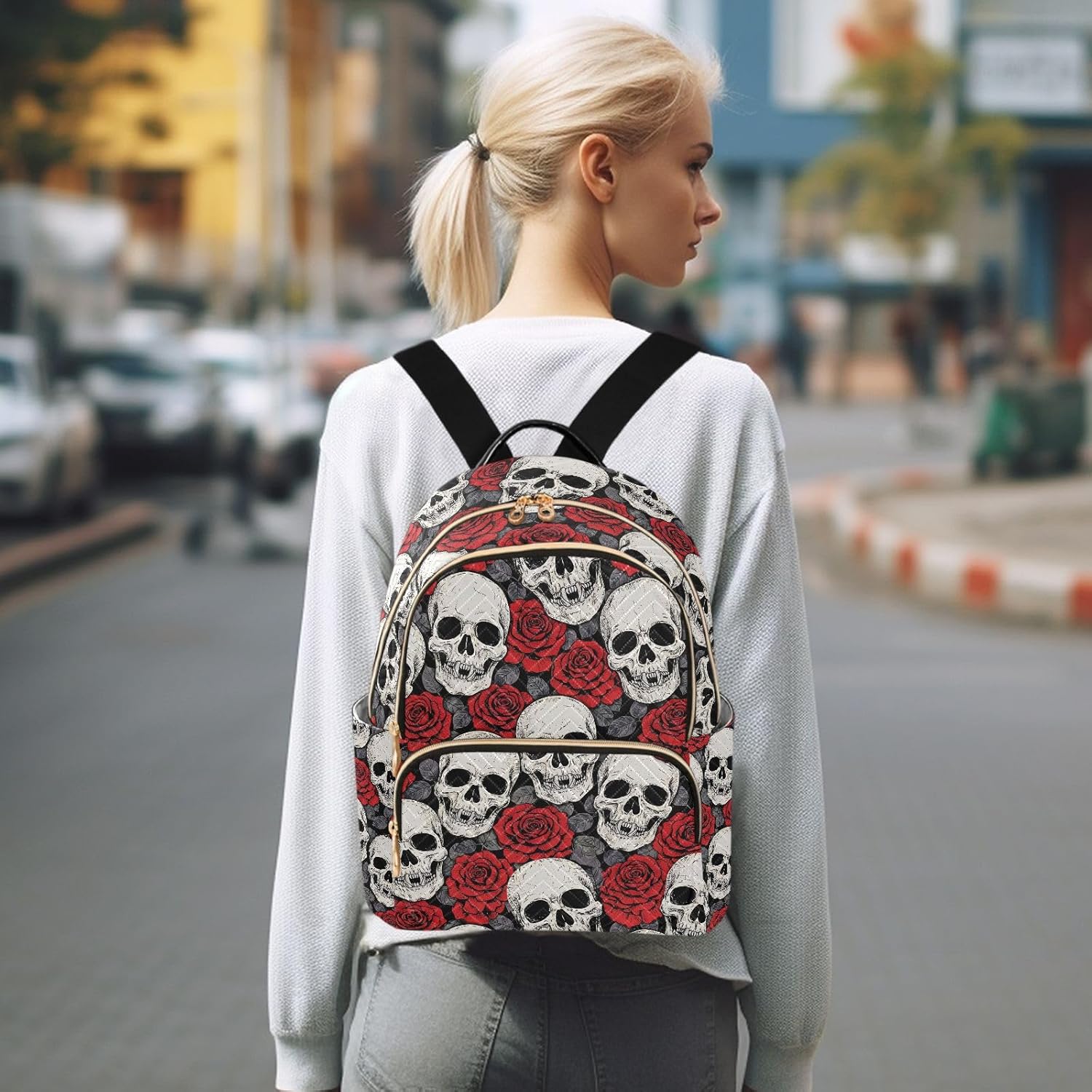 JIPONI Halloween Skull Rose Backpack Purse for Women Lightweight Back Pack Casual Daypack Travel Shoulder Bag Bookbag - S