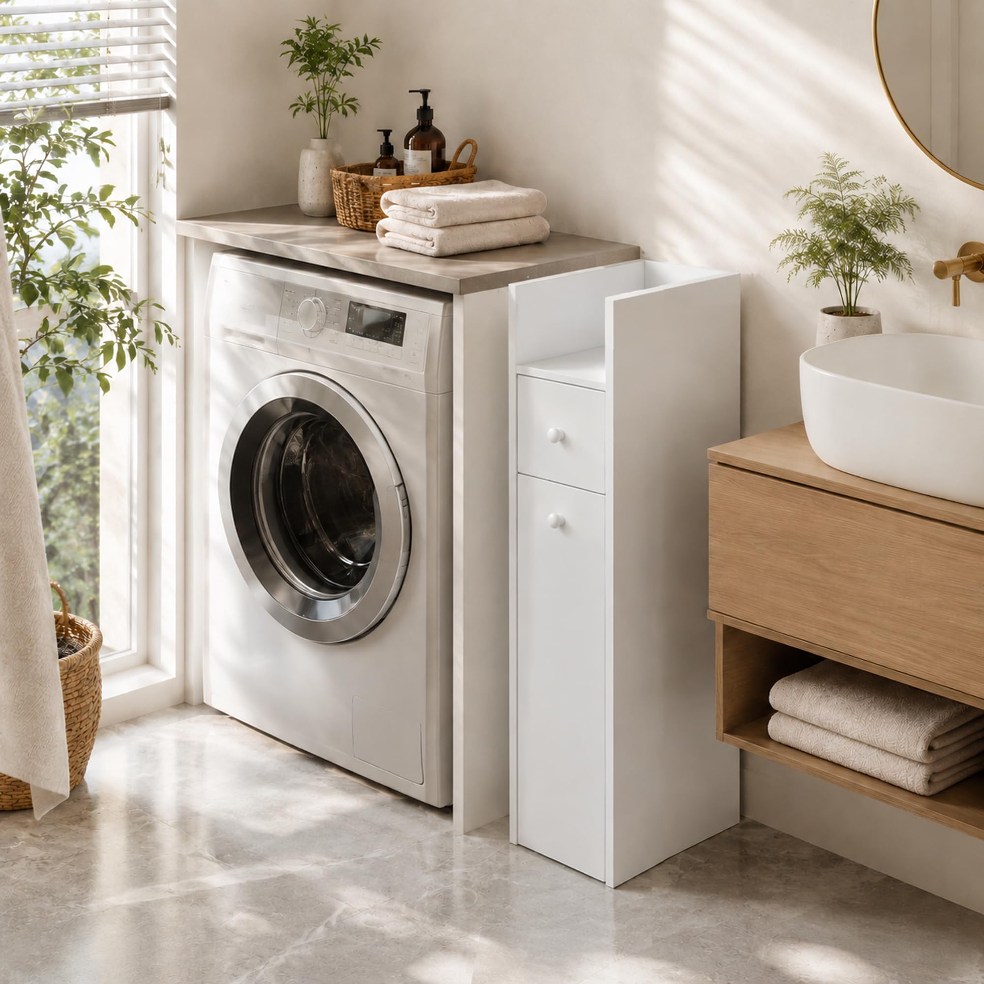 HOMCOM Mobiletto Bagno Salvaspazio con Ripiano Aperto e Cassetti, Bianco
