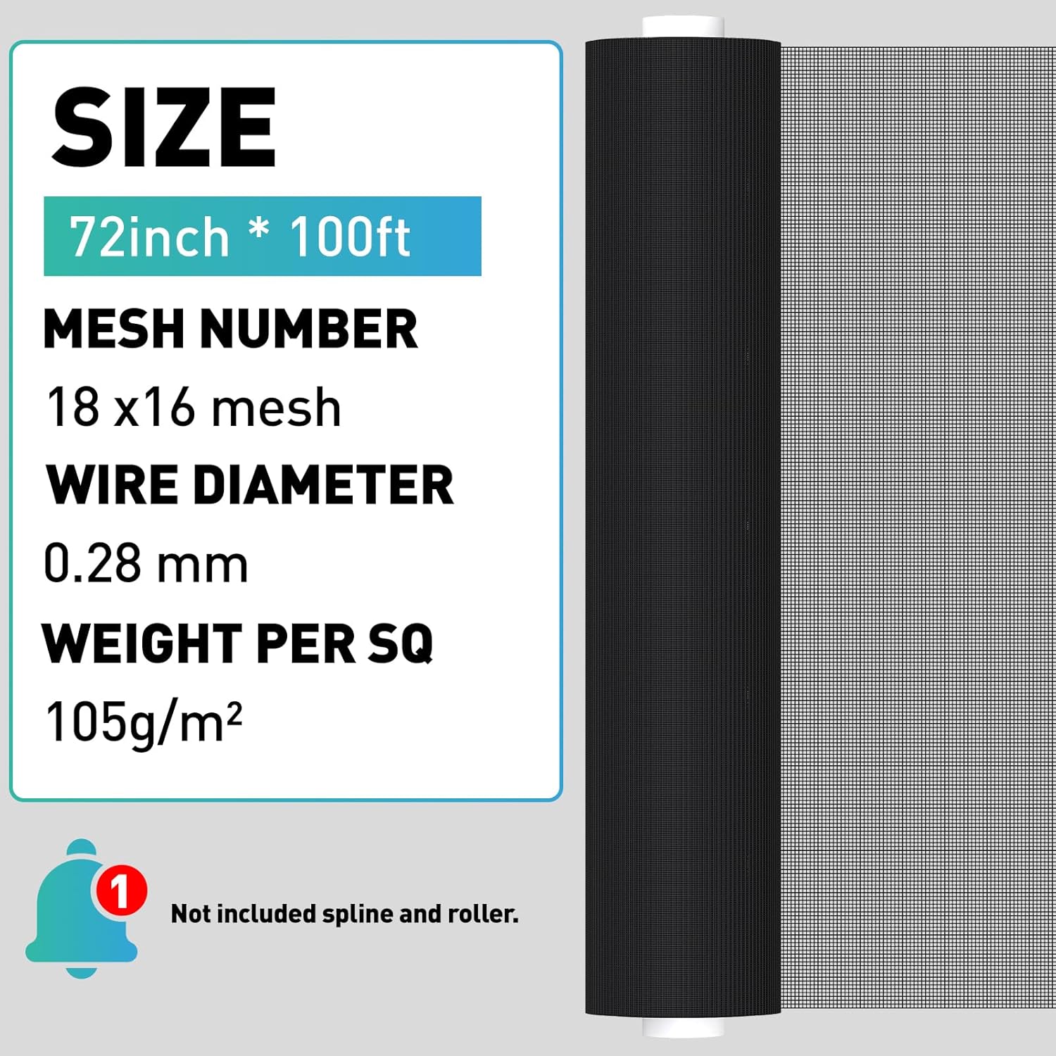 Window Screen,72IN x 100FT (18x16 Mesh) Fiberglass Screen Mesh Roll,Black Window Screen Replacement for Patio,Porch,Door and DIY Projects