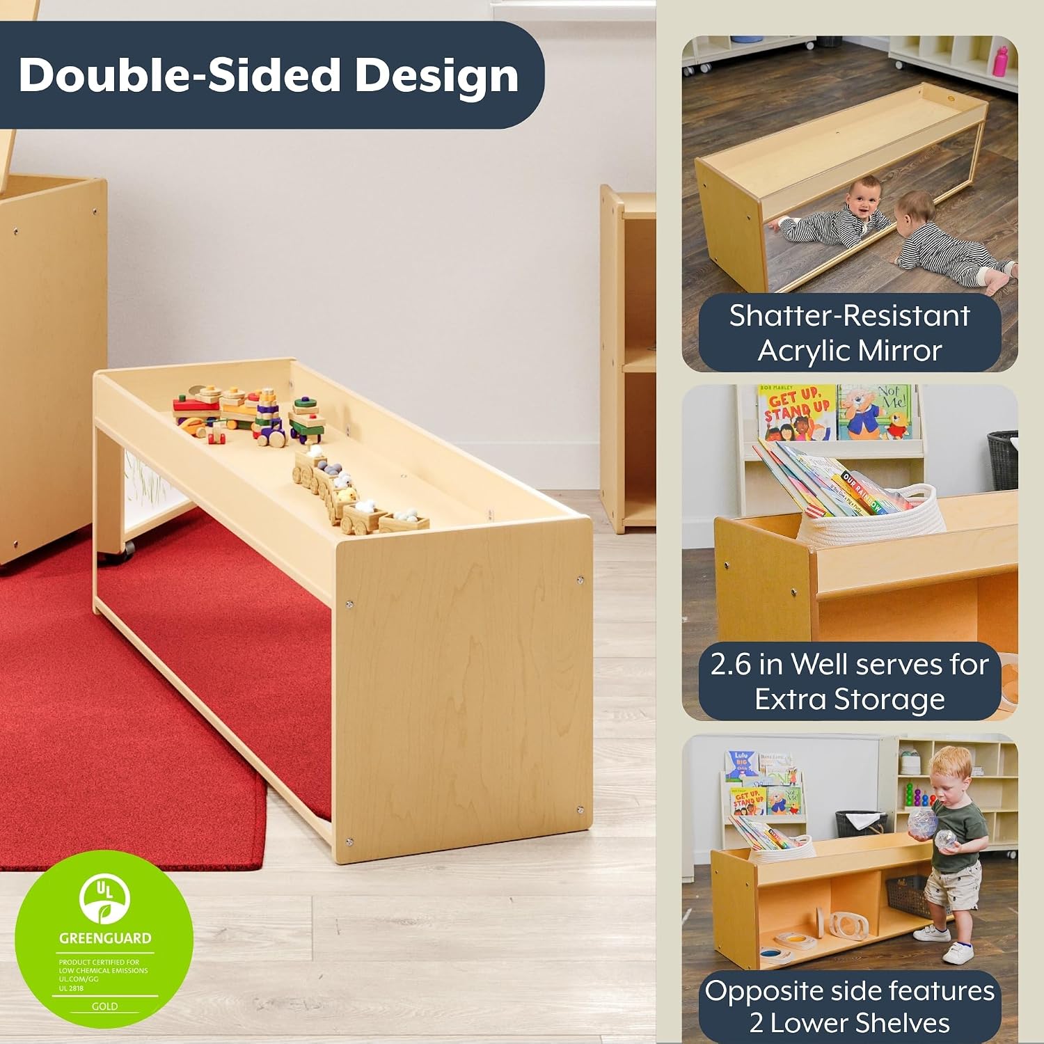 Angeles Value Line Toddler Storage with Mirror Back, 48" L x 17" H, Kids Storage Organizer, Playroom Essentials for Classroom, Nursery, Montessori School, Natural