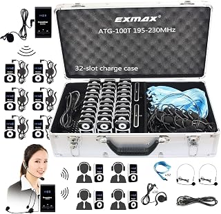 EXMAX ATG-100T 195MHz Wireless Tour Guide System Voice Audio Transmission +32-Slot Charge for School Teaching Tour Guides Conference Church Translation City Museum(2 Transmitters and 30 Receivers)