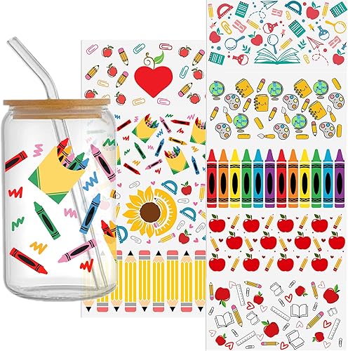 David Angie Adhesivo de transferencia, 9 hojas con tema de regreso a clases, impermeable, UV, DTF, para copas, calcomanías de transferencia de