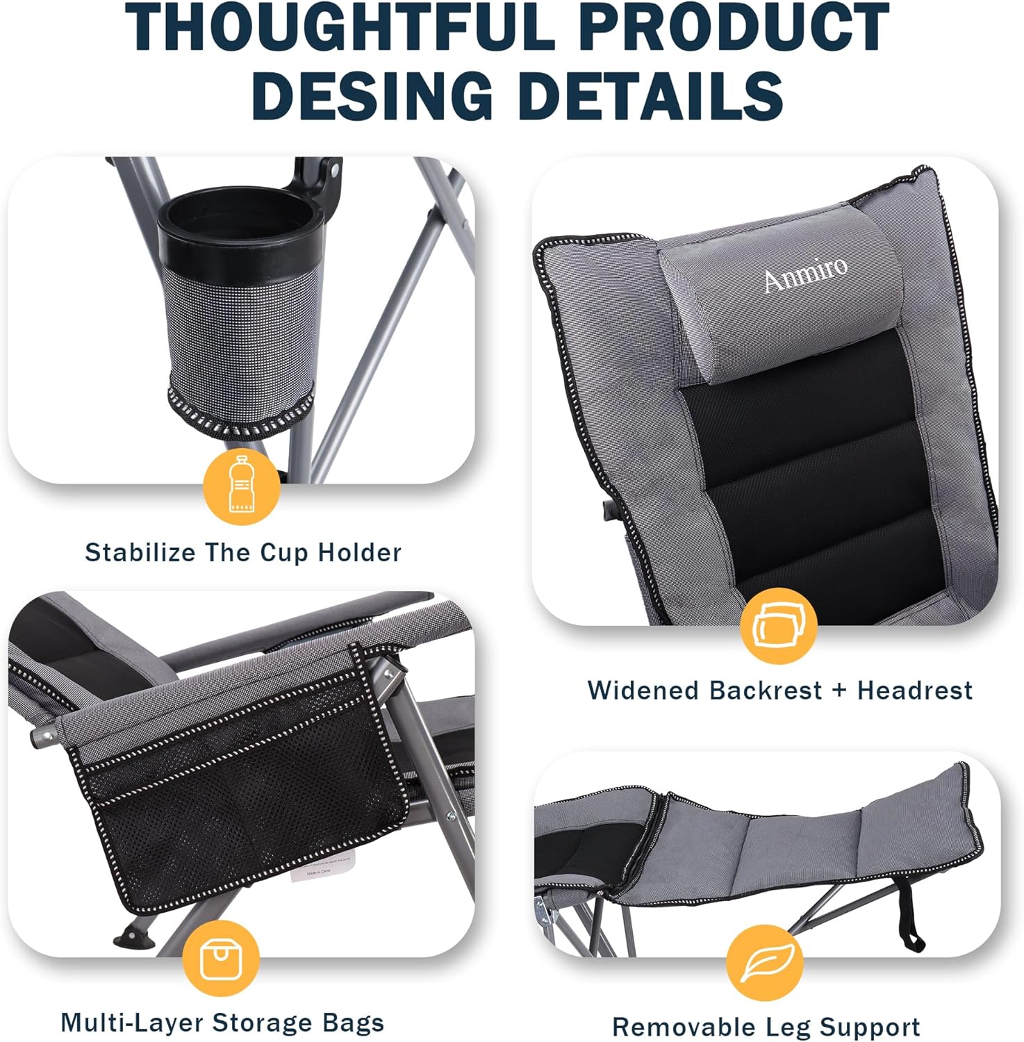 Folding Camping Chair for adults-3-in-1 Heavy Duty Foldable Camp Chair with Detachable Footstool, Padded Pillow, Cup Holder & Carry Bag,5-Speed Adjustable,500 LBS Capacity