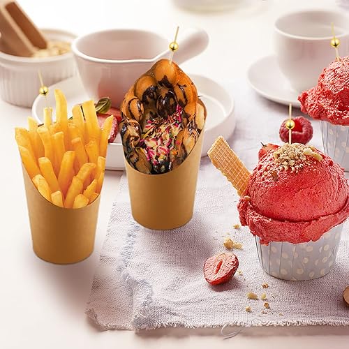 Miniatura 5 de 50 piezas de charcutería para papas fritas con 50 brochetas de bambú, conos de cartón de 14 onzas para alimentos, desechables, para refrigerios,