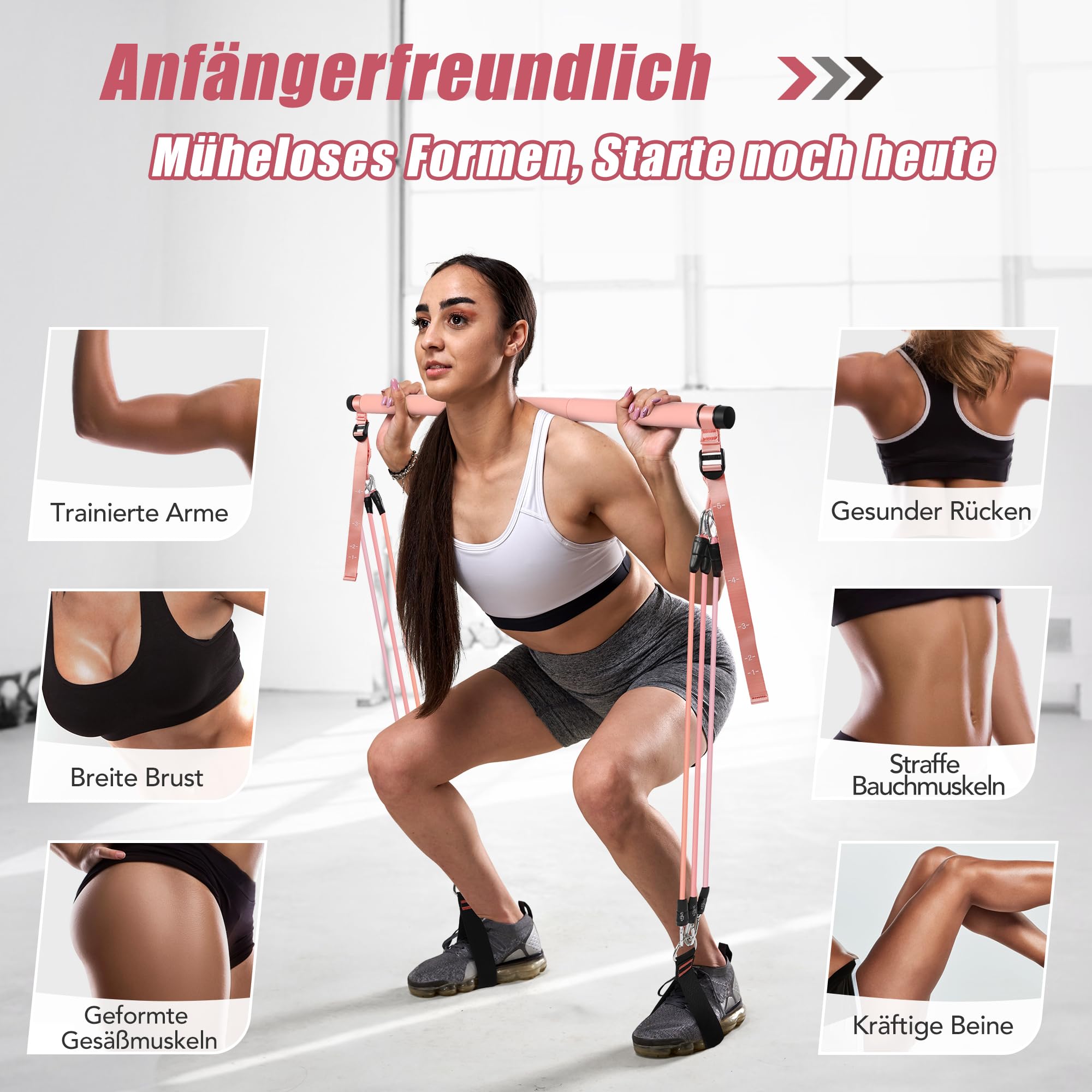 ALongSong Pilates Bar Set mit Widerstandsbänder Krafttraining 180LBS/140LBS/240LBS/360LBS Resistance Bands Fitnessbänder Set & Pilates-Stange, Griffe für Fitness/Yoga/Gym