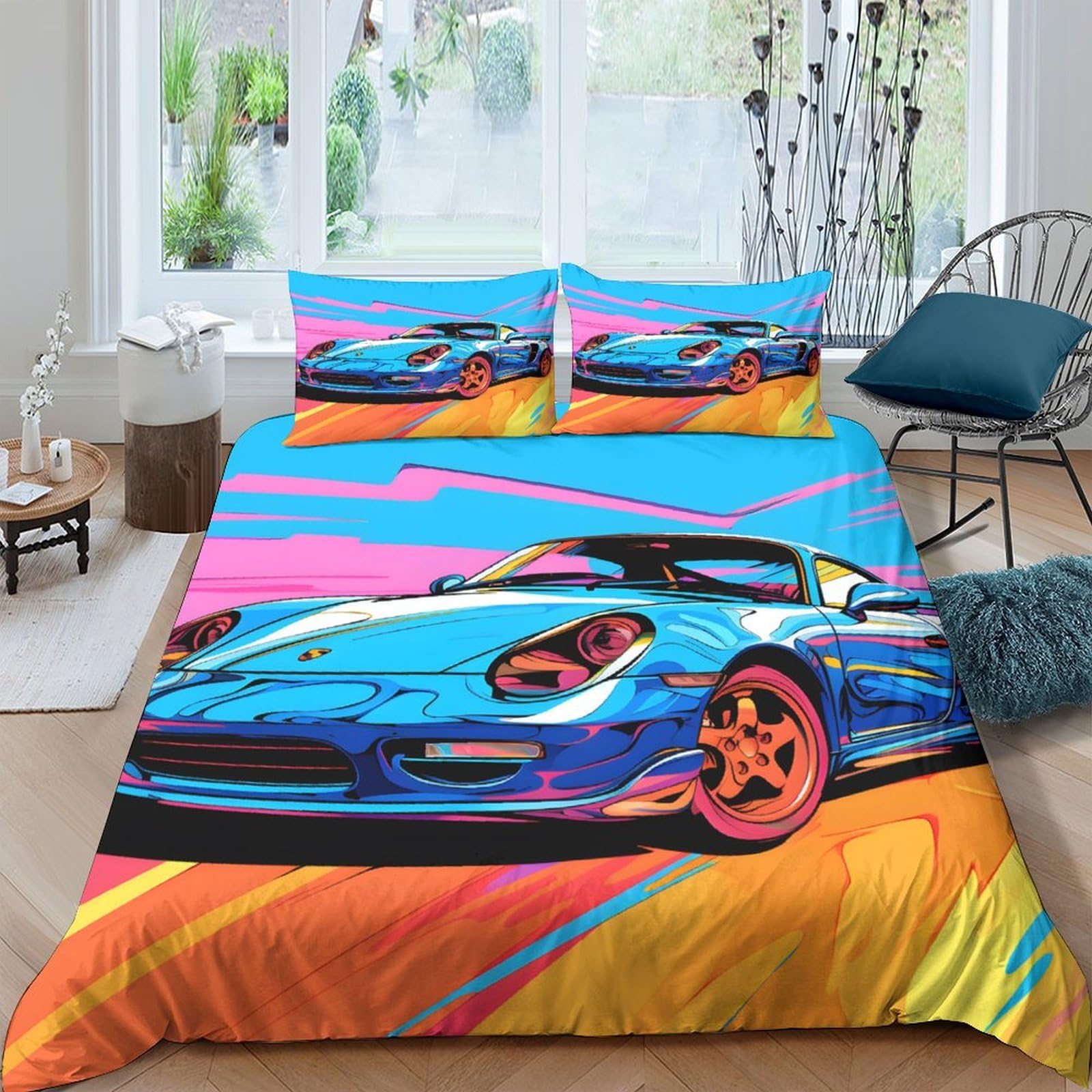 Ctjqhvkz Style-10 3D Printed Blue Sports Car Fitted Sheet Microfiber Vibrant Pop Art Bed Cover For Bedroom Dorm Easy Care Single（135X200cm）