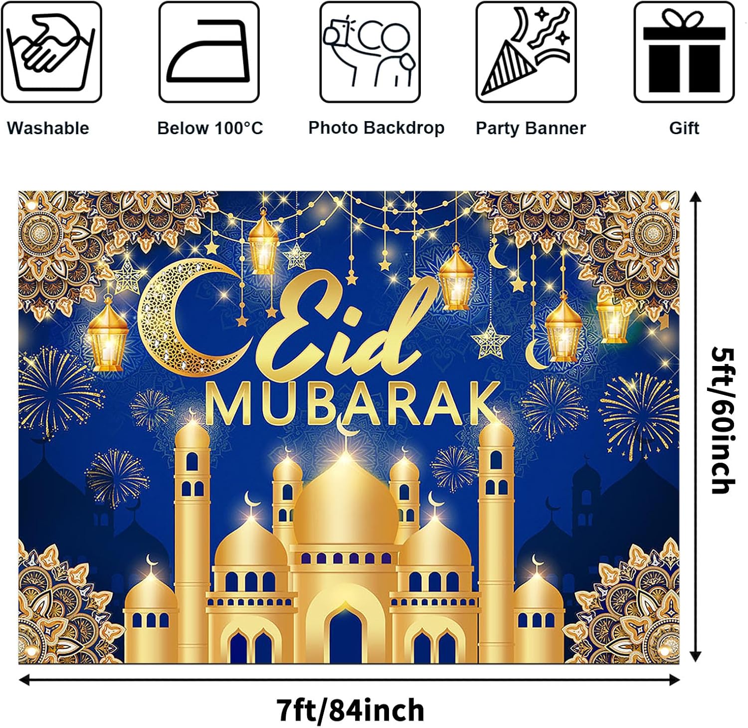 Avezano Eid Mubarak Backdrop Muslim Ramadan Eid Mubarak Party Decorations Banner Eid Mubarak Backdrop Background for Muslim Ramadan Party Supplies (Blue and Gold, 7x5ft)