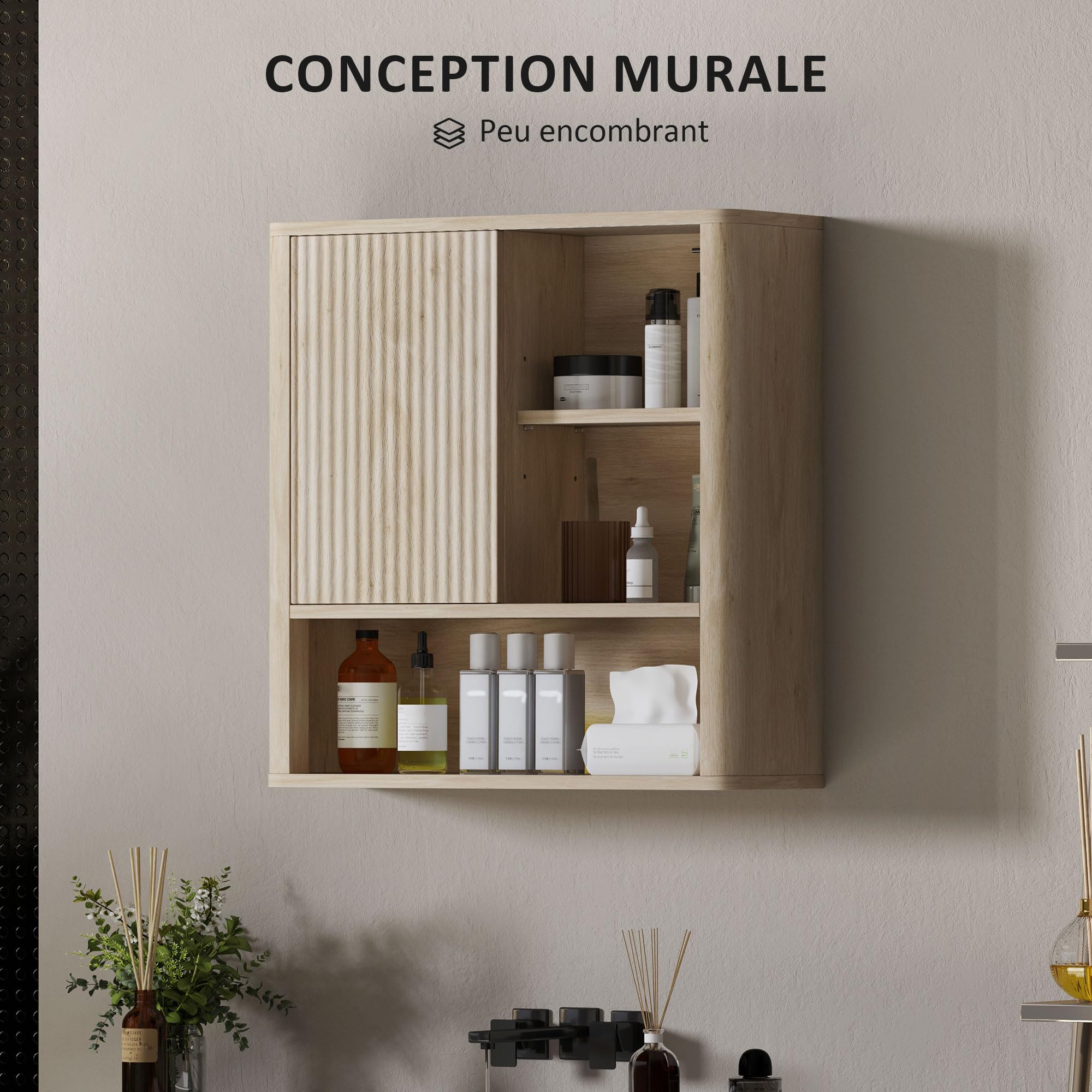 HOMCOM Armoire Murale Armoire Suspendu 60 x 20 x 62 cm Bois Naturel | Meuble Haut Salle de Bain, Porte Coulissante, Étagères Ouvertes, Étagères Réglables