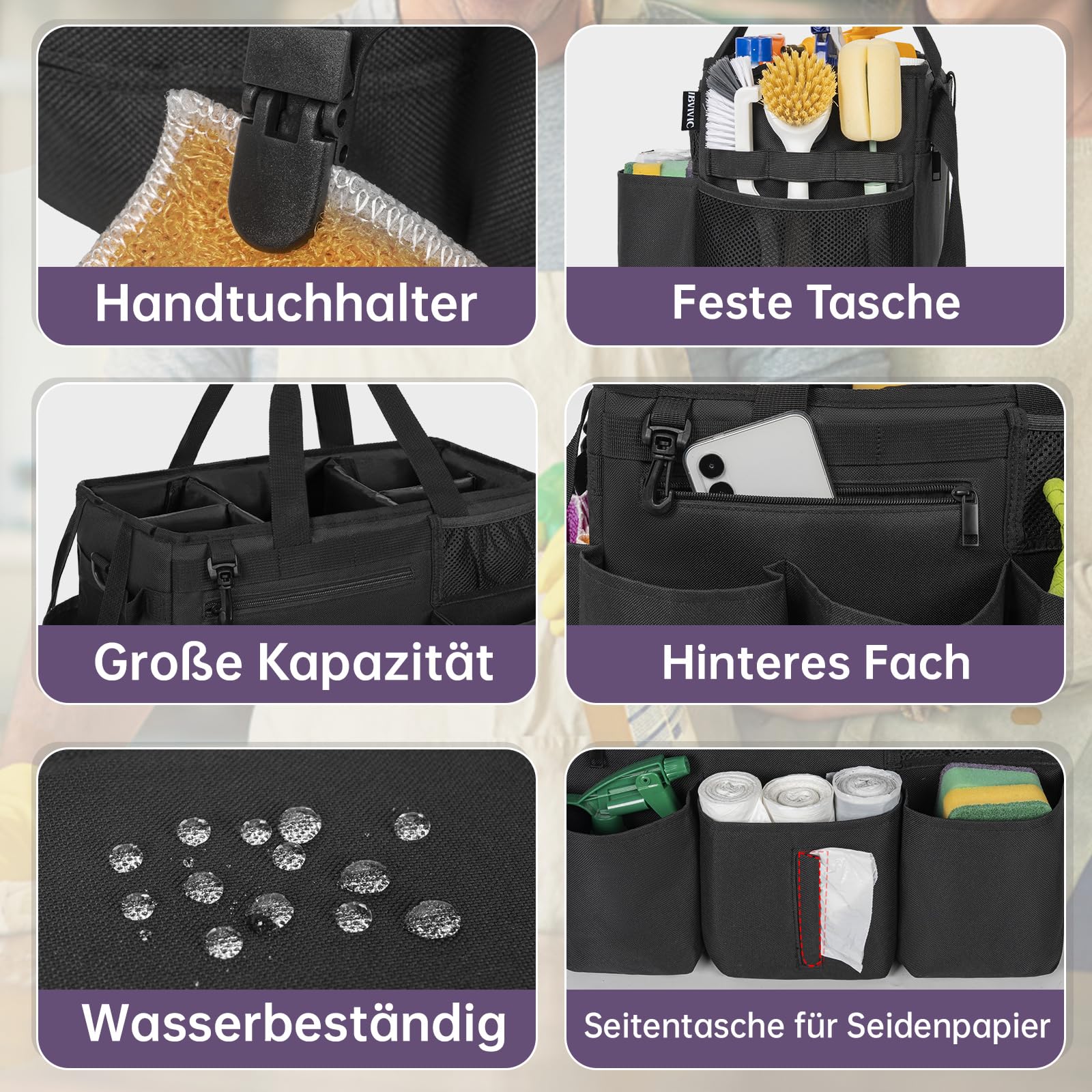 OUUTMEE Bolsa de limpieza 20 x 38 x 26 cm con compartimento extraíble portátil organizador negro