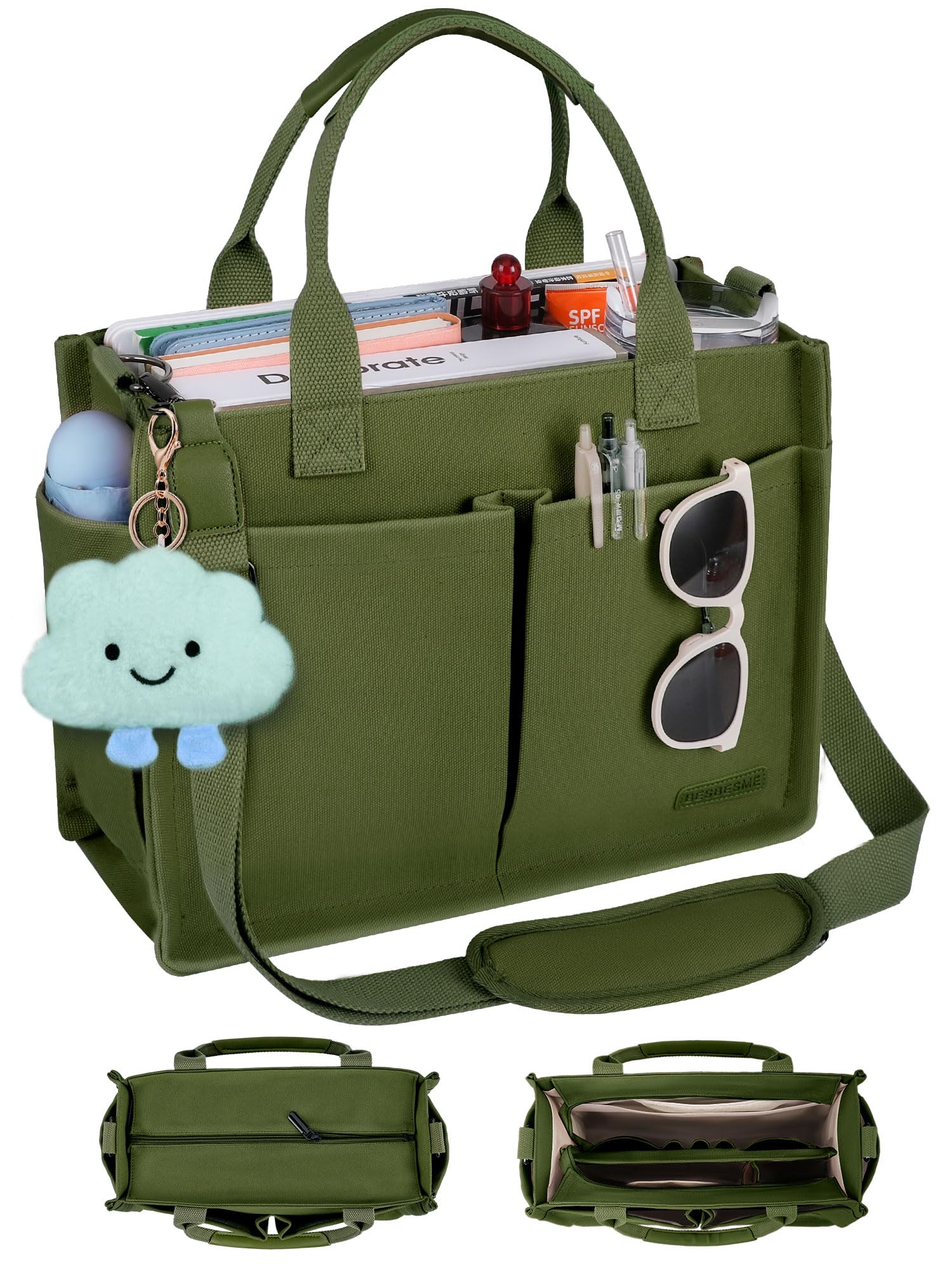 BESBESME Canvas Tote Bag for Women with Zipper & Compartments– Large Work & College Laptop Tote Crossbody Shoulder Bag