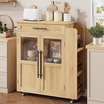 Mobile Kitchen Island Cart With Storage- 360 Rolling Wheels, Drawers, Spice Rack, Black Handle, Versatile Storage and Serving Cart for Kitchen and Dining Room, Small Kitchen Island On Wheels With L