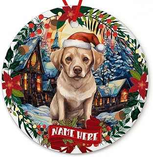 Dinoz Merry Christmas Labrador Retriever Dog Lovers Ornament, Stained Glass Santa Personalized Name Both Sides Print Ceramic Ornament Round Circle Keepsake Gift Decor