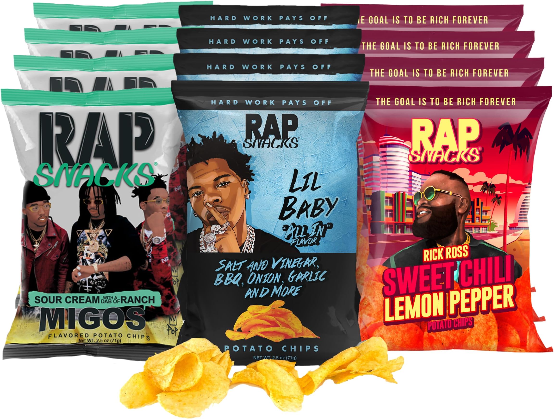 Lil Baby, Rick Ross, and Migos, All In, Sweet Chili Lemon Pepper, and Sour Cream with a Dab of Ranch Chips Variety - Pack of 12