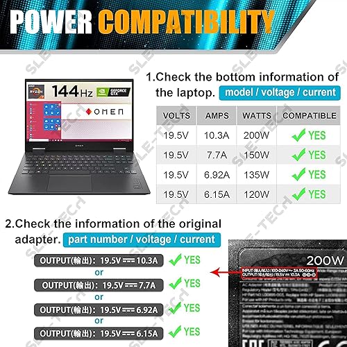 Miniatura 3 de SLE-TECH Adaptador de CA de 200 W, cargador para portátil compatible con HP Pavilion Gaming 15 17 Envy 15 17 ZBook G3 G4 G5 G6 G7 15 15t 17 17t,