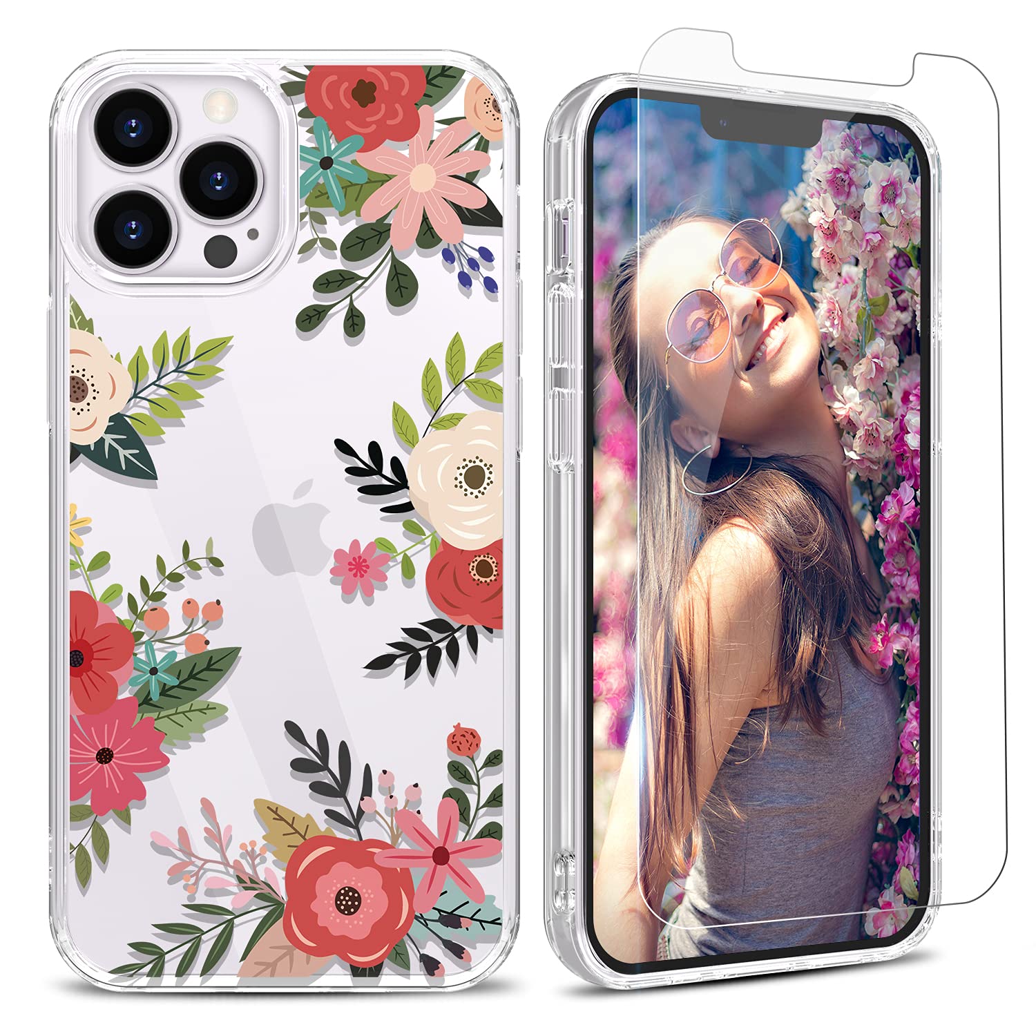 YAYOII Case for iPhone 13 Pro with Screen Protector, Clear Floral Patten Design for Women Girls Soft Flexible TPU Shockproof Protective Flower Bumper Cover Slim Fit Thin 6.1-inch 2021-Glorious Morning