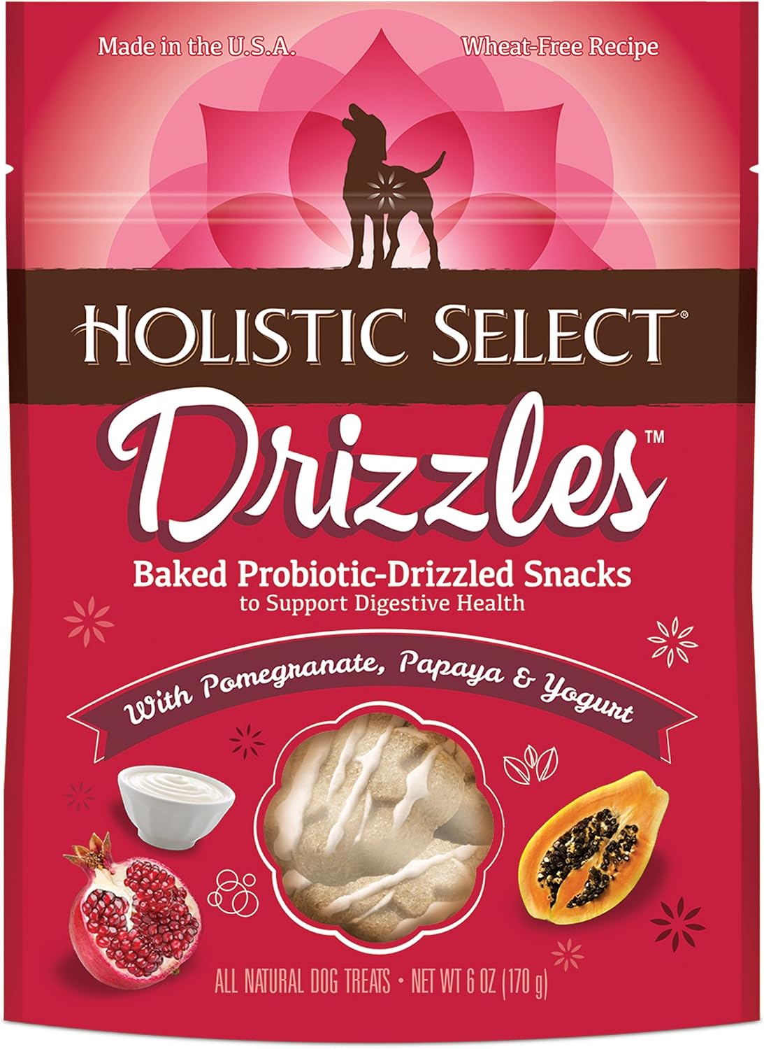 Holistic Select Drizzles Crunchy Natural Dog Treats, Pomegranate, Papaya & Yogurt, 6-Ounce Bag
