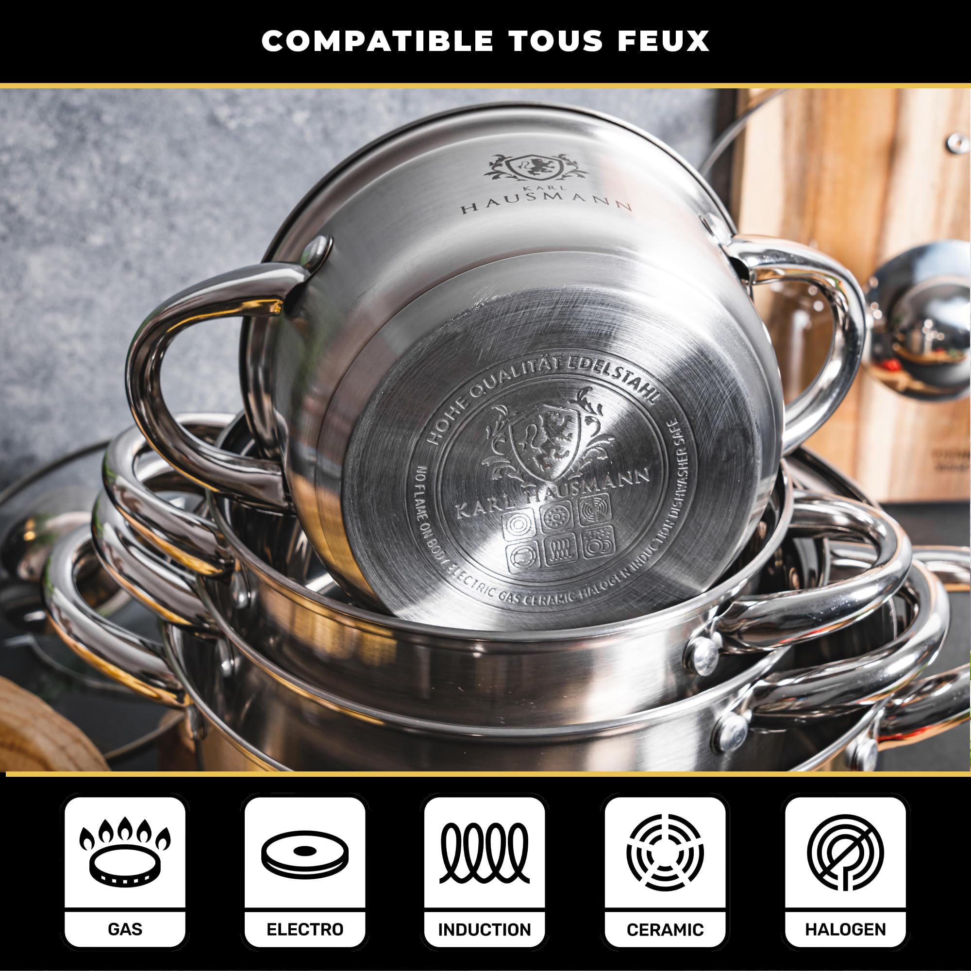 KARL HAUSMANN Lot de 4 Casseroles Induction Inox - Avec Couvercle Verre - Sans Revêtement - Compatibles Cuisinière, Gaz, Électrique - Graduation Intégrée - Set Casserole Tout Feux Cuisine