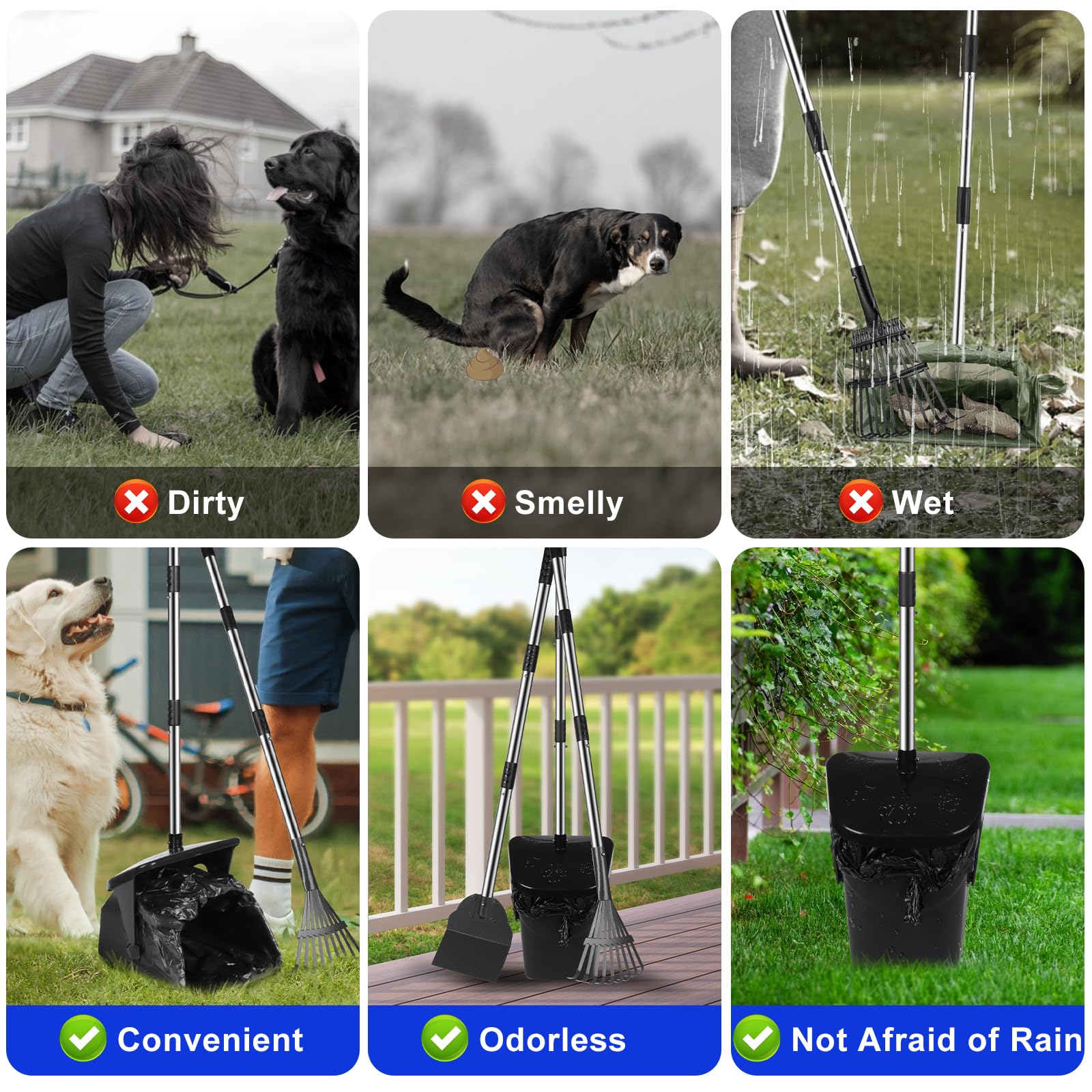 3 Pack Hundekotschaufel, 100CM Länge Griff Pooper Scooper Dreheimer, Rechen und Spaten mit 20 Abfallbeuteln & Haken Tragbarer Poop Scooper ohne Bücken für große mittlere kleine Hunde