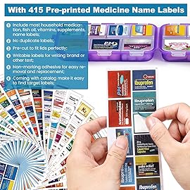 14 Grids Travel Pill Organizer Box with 415-Pcs Medicine Name Labels, Pocket Daily Pharmacy Case Container, Travel Medication Holder Dispenser Kit for Fish Oil Vitamin Supplement Storage -Clear Purple