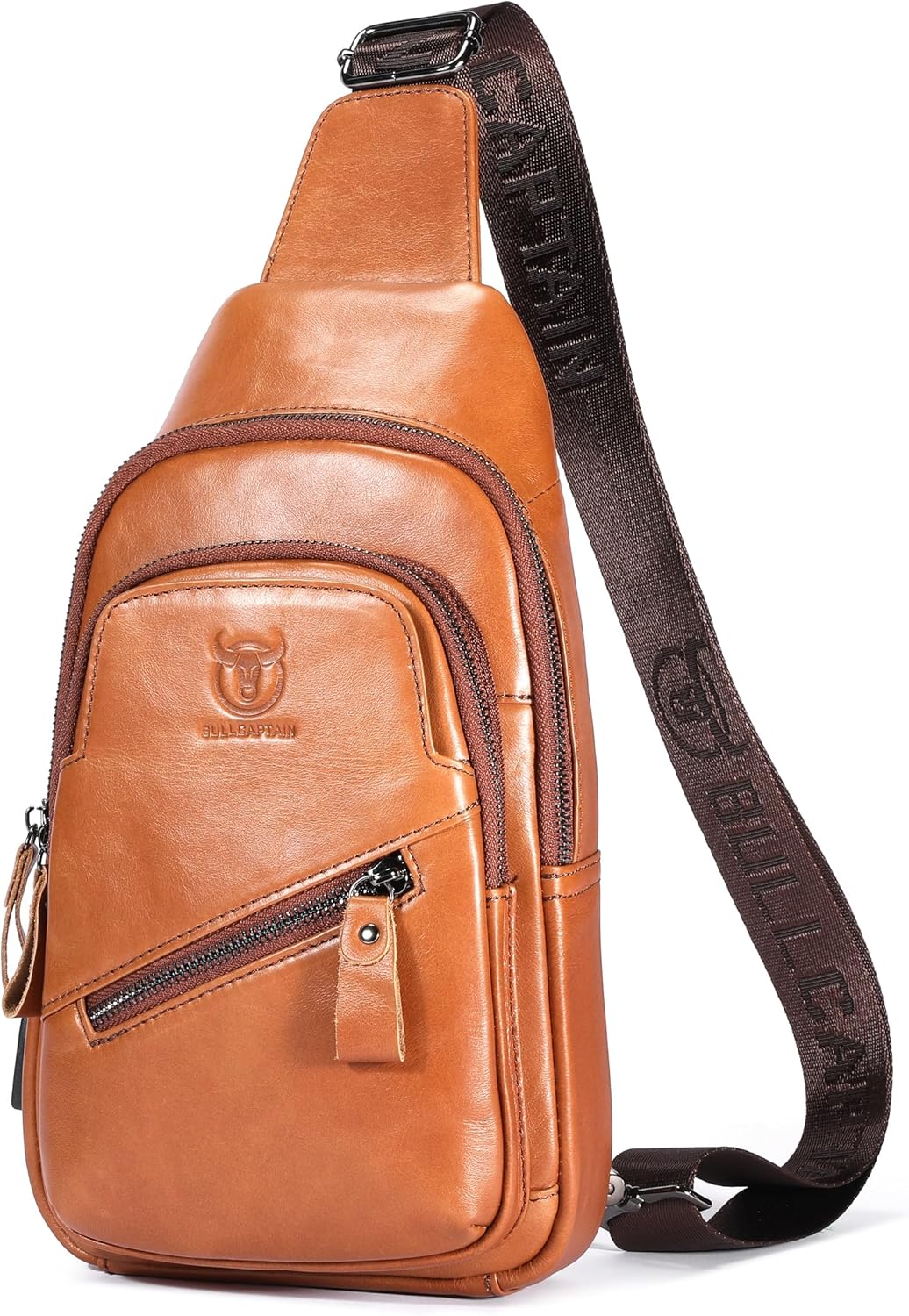 BULLCAPTAIN Mens Leather Sling Bag Backpack Casual Outdoor Shoulder Crossbody Chest Bag with USB Charging Port