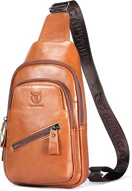 BULLCAPTAIN Mens Leather Sling Bag Backpack Casual Outdoor Shoulder Crossbody Chest Bag with USB Charging Port