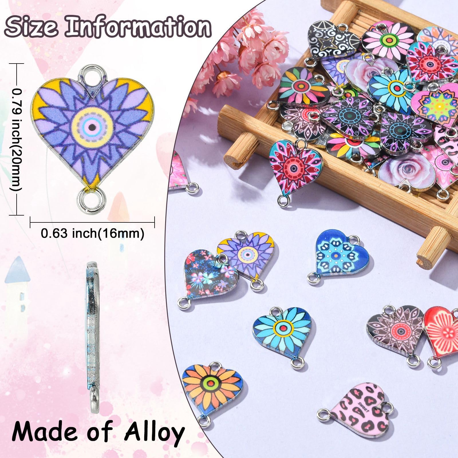 Stiesy 42Pcs Mixed Styles Enamel Heart Links Charms Love Heart Connectors Flower Printed Heart Two Hole Charms for DIY Valentine's Day Crafts Jewellry Making - Image 2