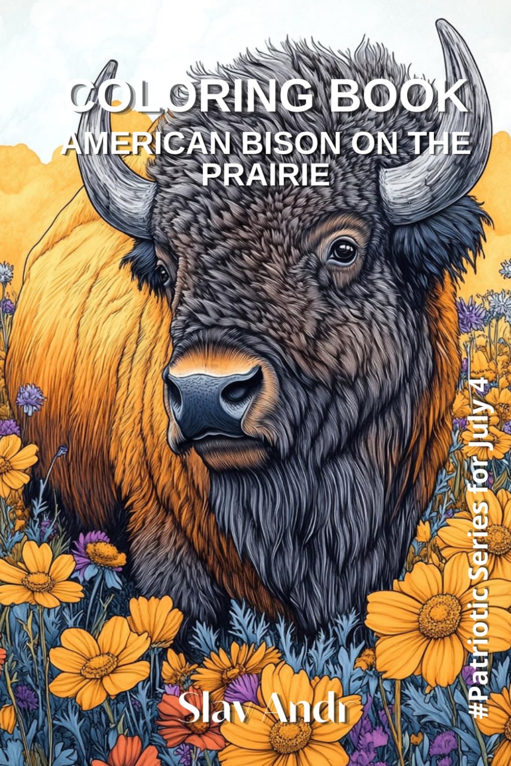 American bison on the prairie - A majestic bison walks across a field of wildflowers against the backdrop of the setting sun creating beautiful ... hues (American Heritage Coloring Collection)