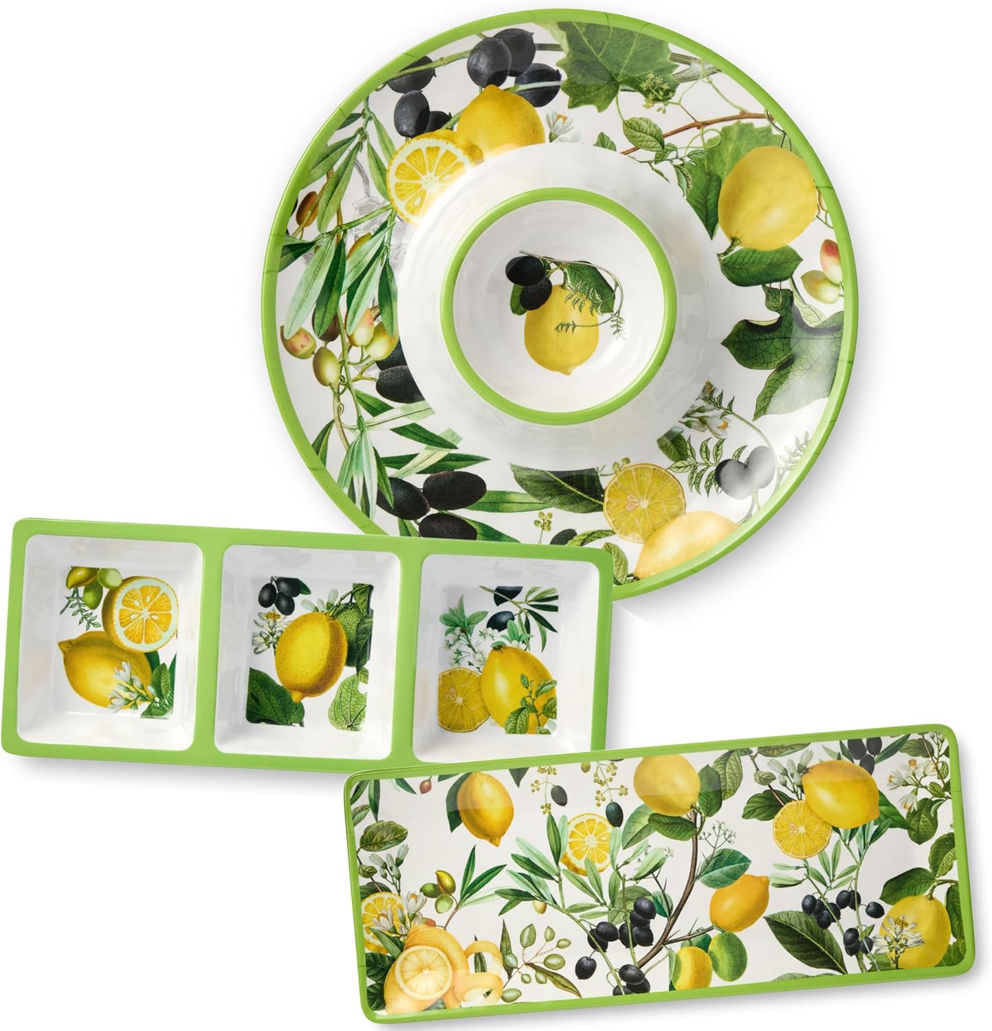 Limone Melamine 3-Piece Hostess Set - Chip & Dip Tray, 3-Section Relish Tray, and Rectangular Platter, Durable and Scratch-Resistant Lemon-Themed Serveware, Dishwasher-Safe for Indoor and Outdoor Use
