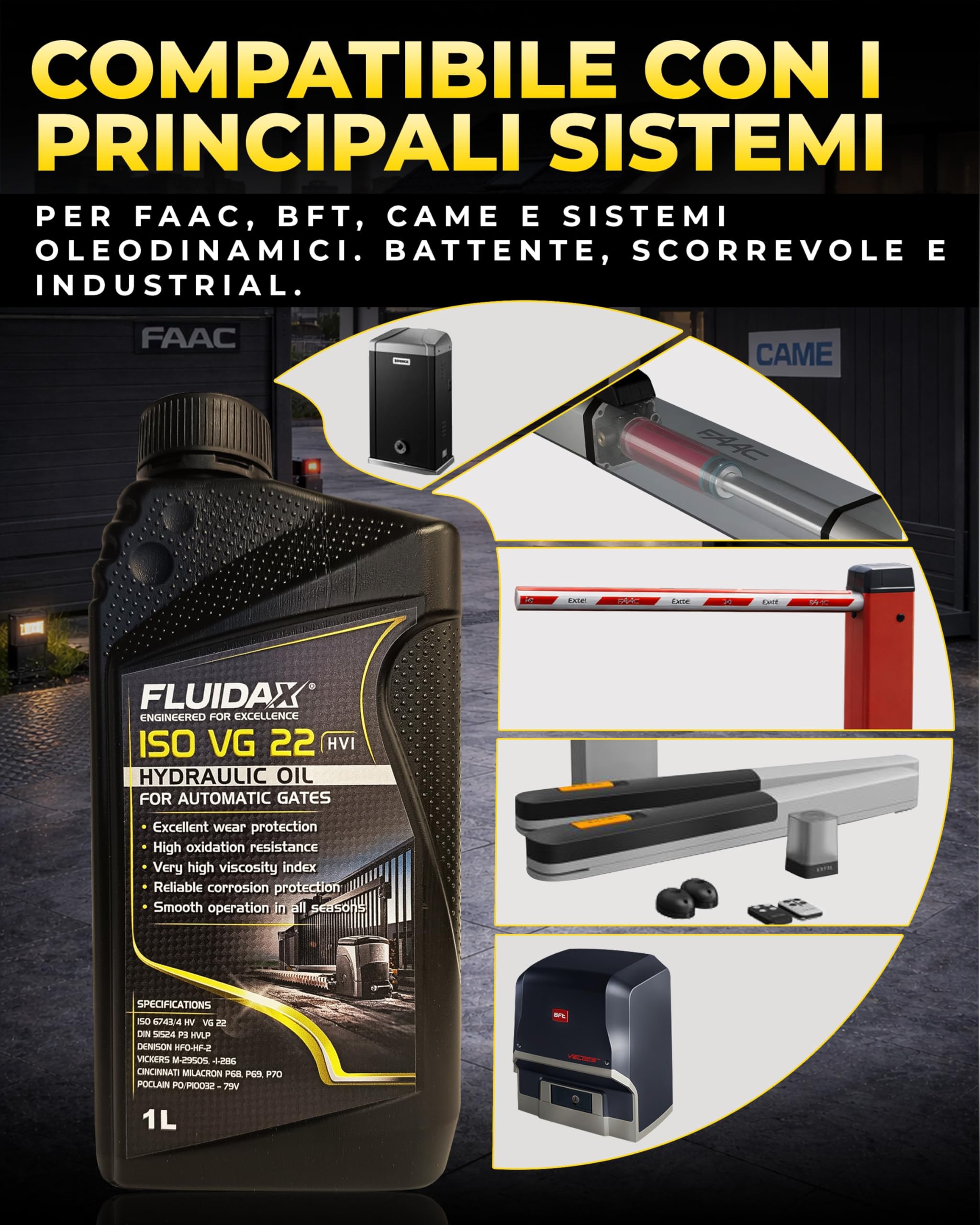 Olio Idraulico ISO VG 22 HVI 1L per Motori Cancelli Automatici – Alta Fluidità a Freddo (-39°C), Protezione Anti-Usura, per Pistoni, Attuatori e Centraline – Adatto FAAC BFT NICE CAME