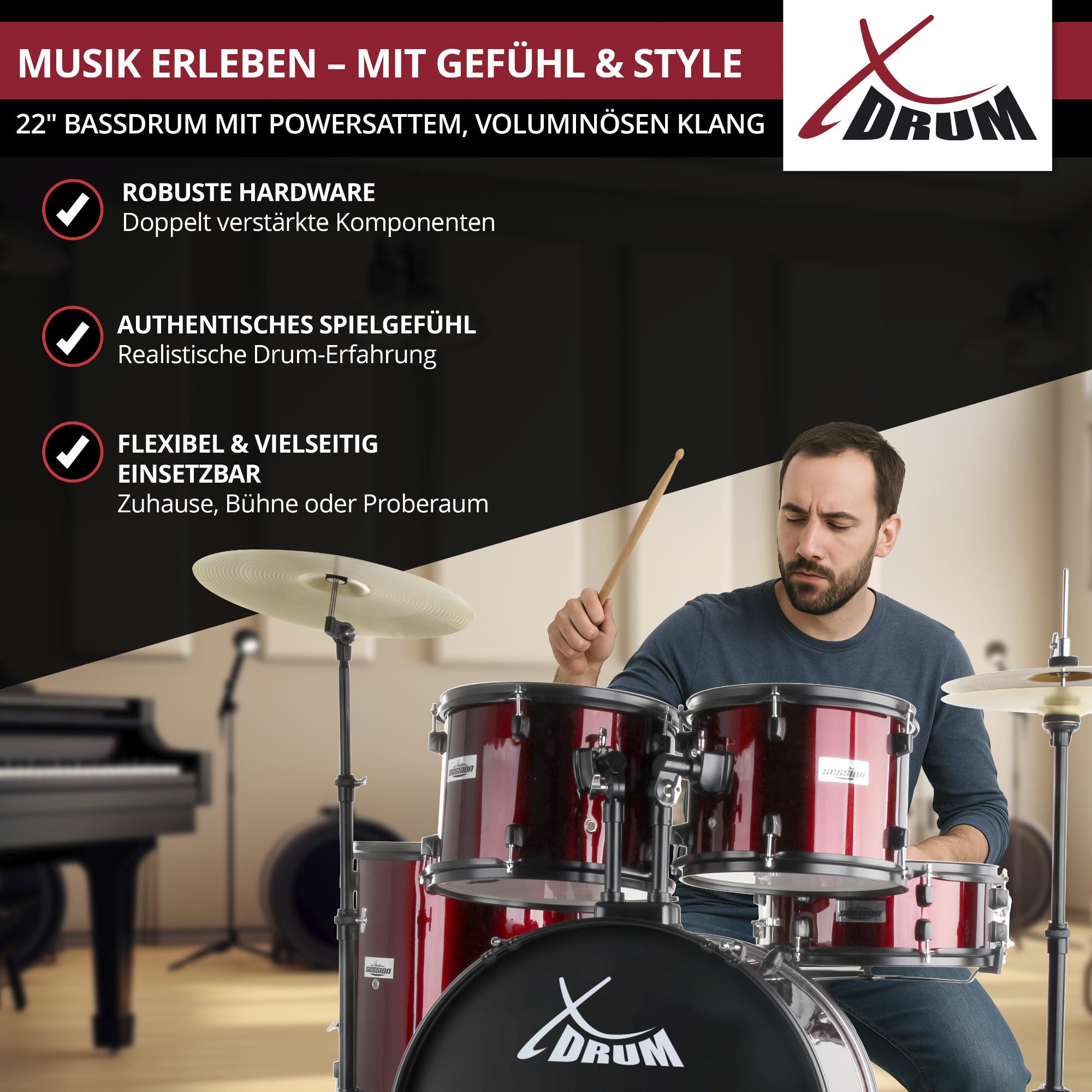 XDrum Rookie 22" Standard Schlagzeug Komplettset Ruby Red - Ideal für Einsteiger - Stylische Hardware in schwarz - Inkl. Drumsticks 5B, Aufbauanleitung und Schlagzeugschule - Rot