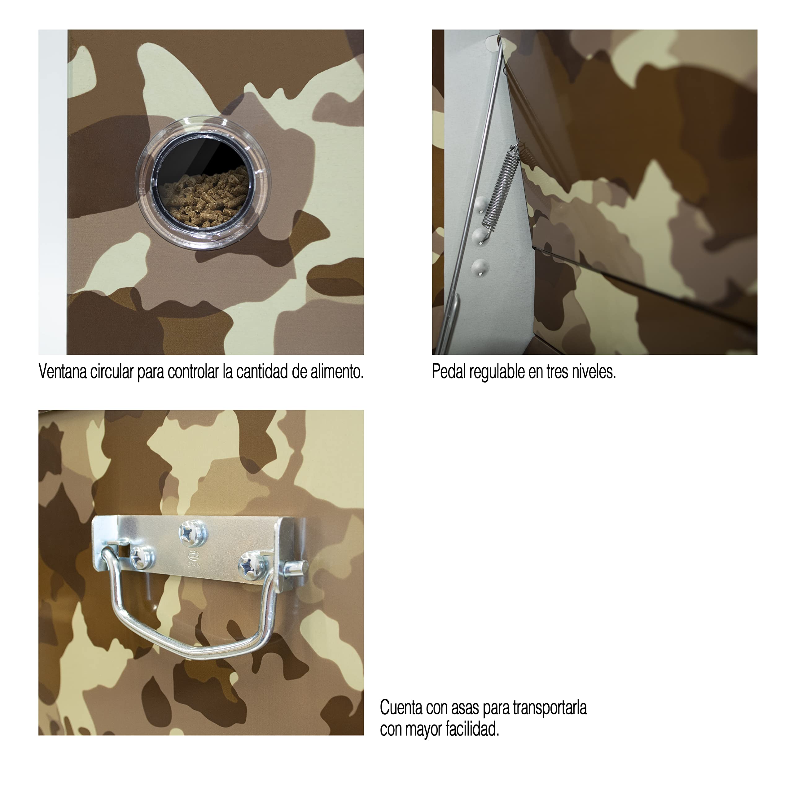 Tolva Autoservicio para Gallinas - Comedero AntiRatones y Antipájaros - Gran Capacidad (50 kg) - Pedal a Dos Caras - Diseño Camuflaje