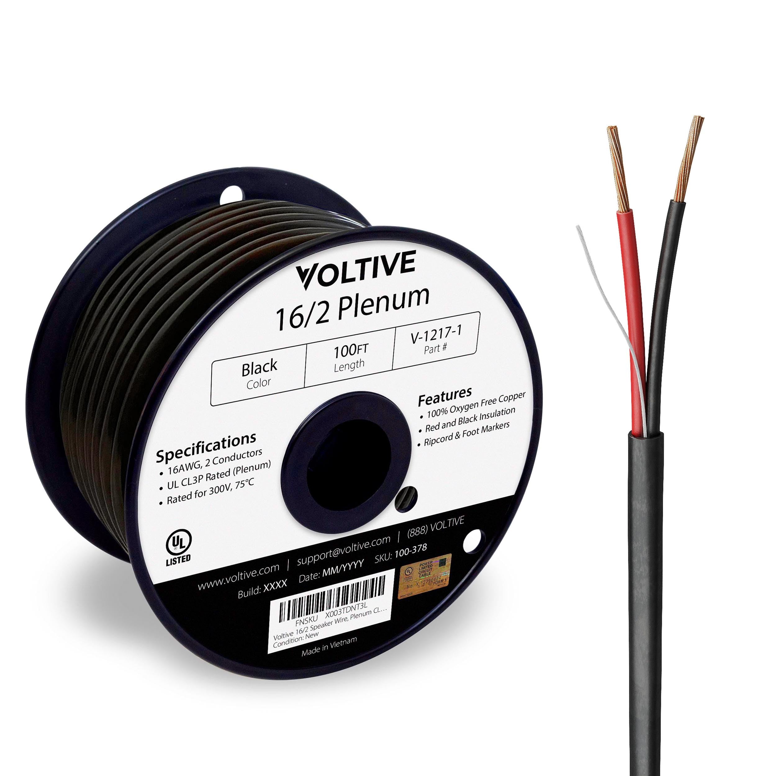 Voltive Cable de altavoz 16/2, Plenum CL3P, negro, 100 pies - 16 AWG, 2 conductores, cobre trenzado sin oxígeno, listado UL - V-1217-1